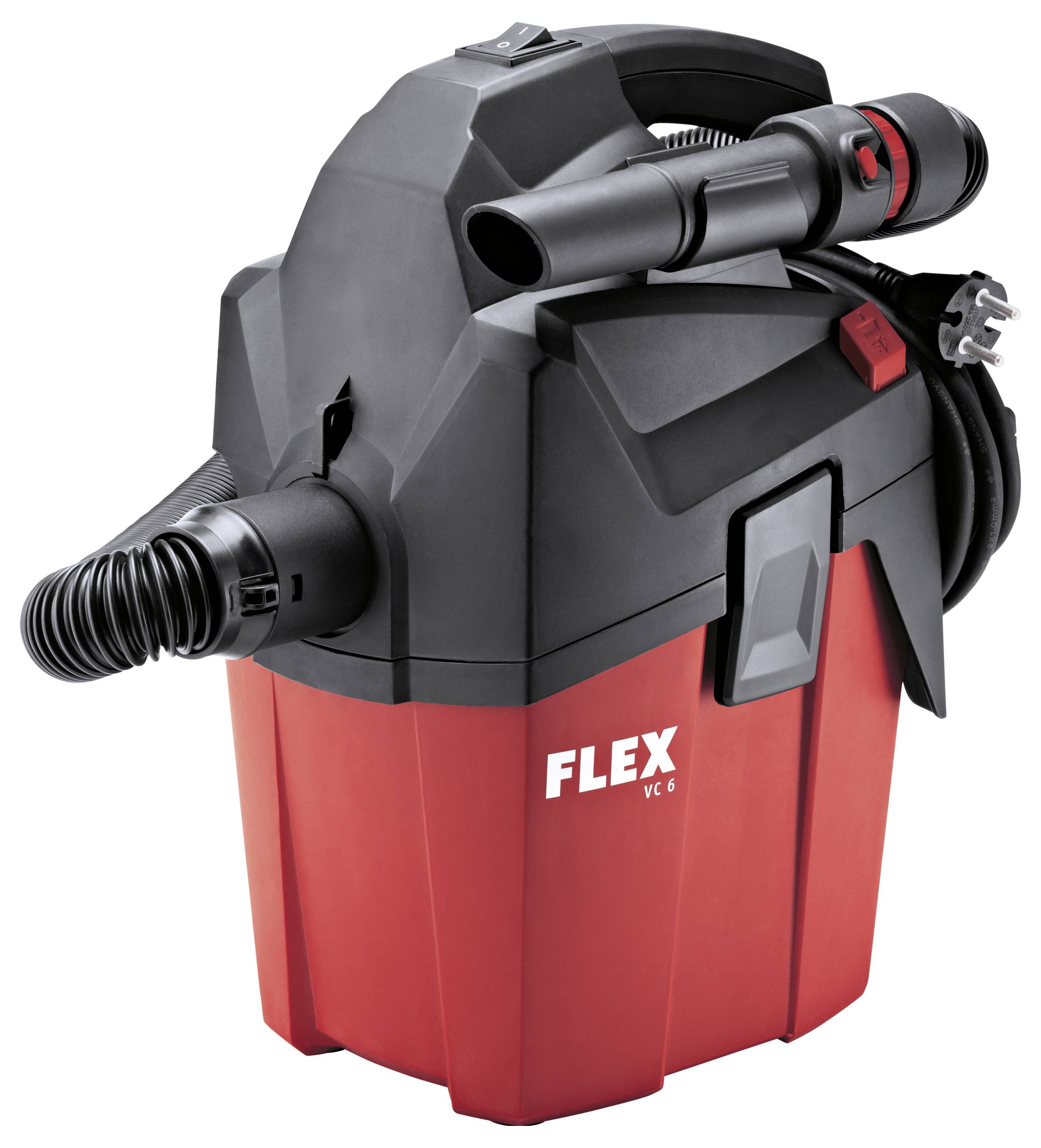Draagbare nat/droog stofzuiger met rood en zwart lichaam, FLEX-logo, slang, handvat en netsnoer op witte achtergrond.