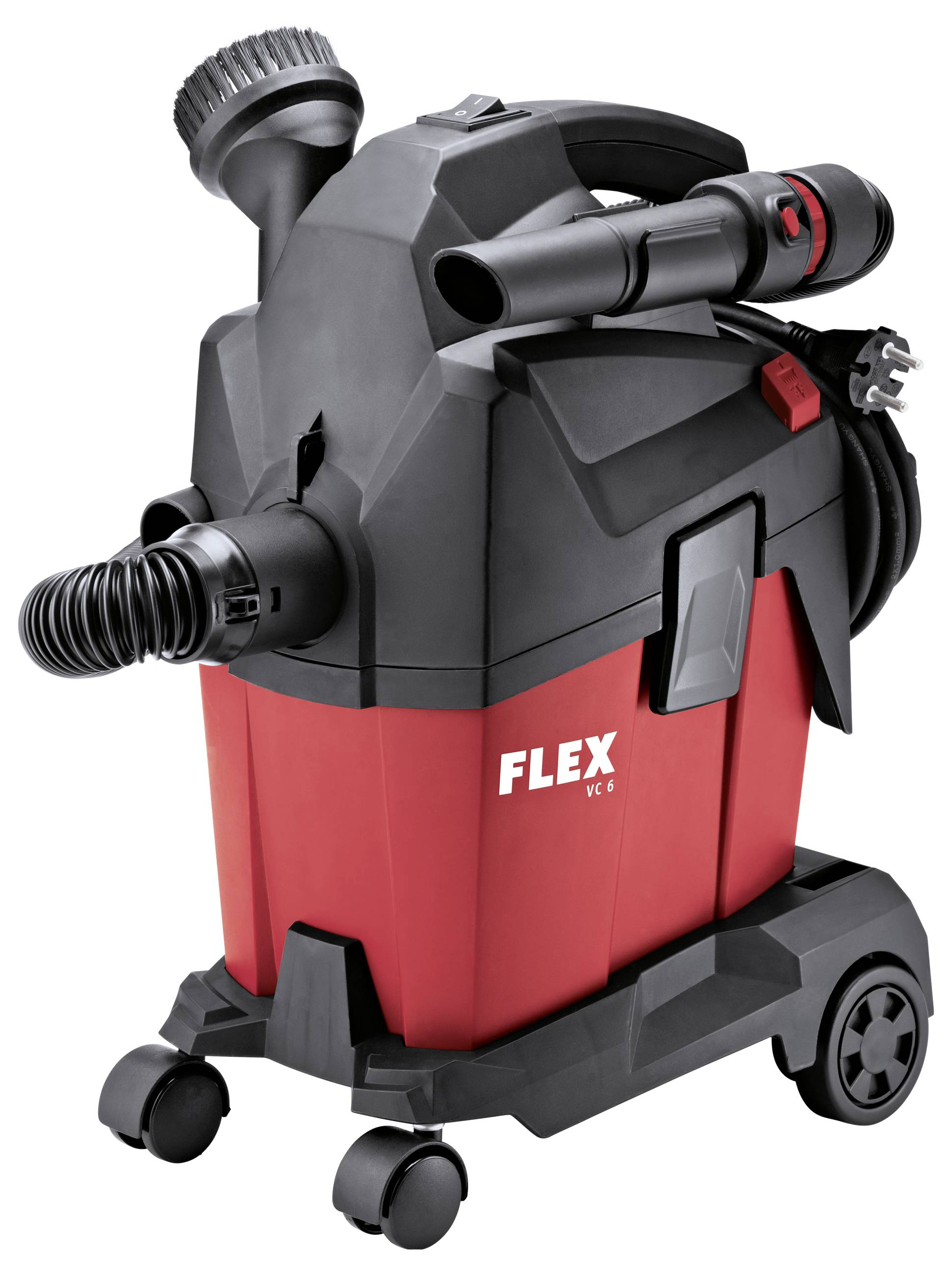 Rood-zwarte FLEX VC 6 winkelstofzuiger op wielen met slangen en accessoiraufsätze, weergegeven op een witte achtergrond.