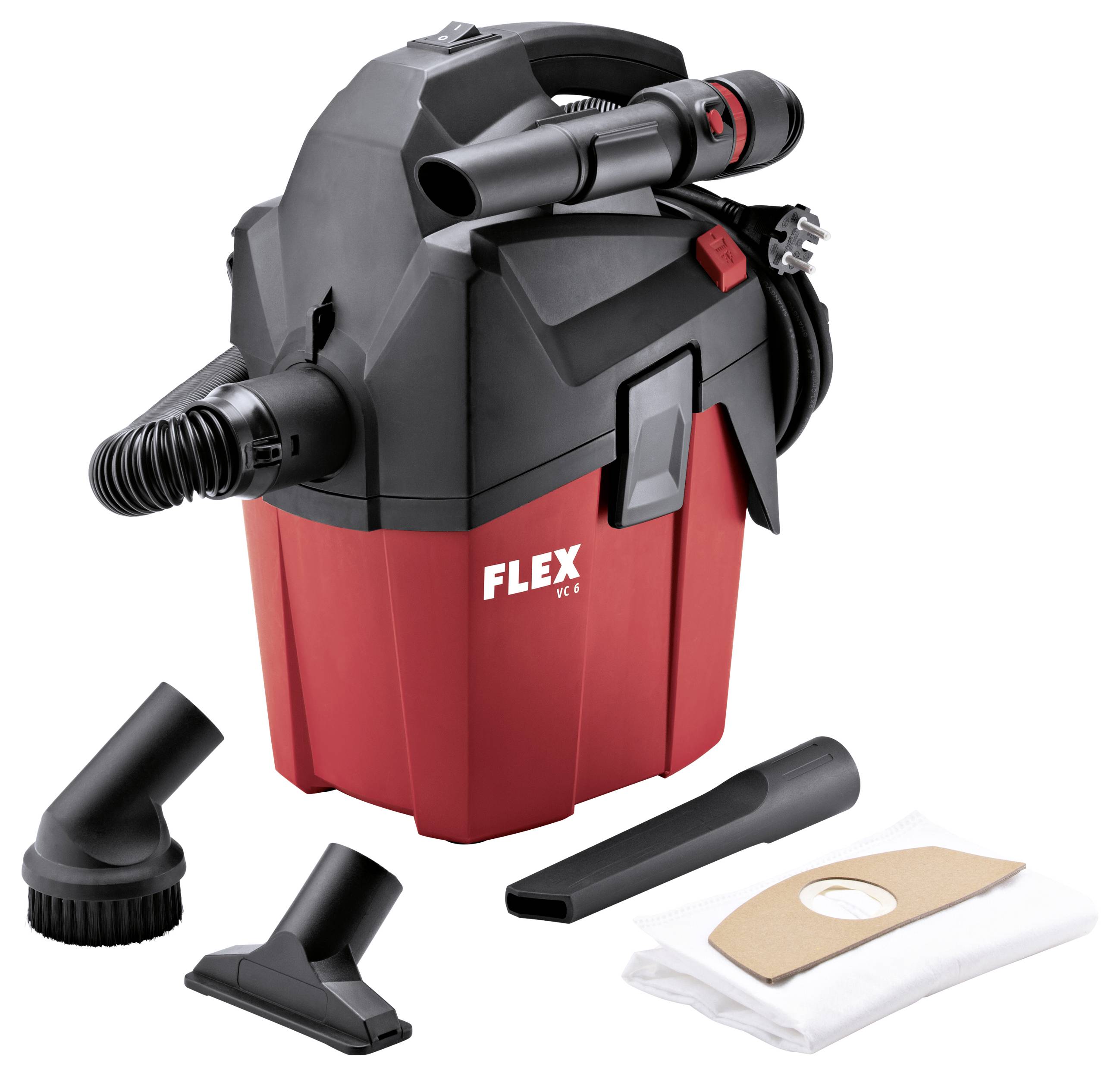 Rode FLEX nat/droogstofzuiger met slang, hulpstukken en stofzakken op een witte achtergrond.