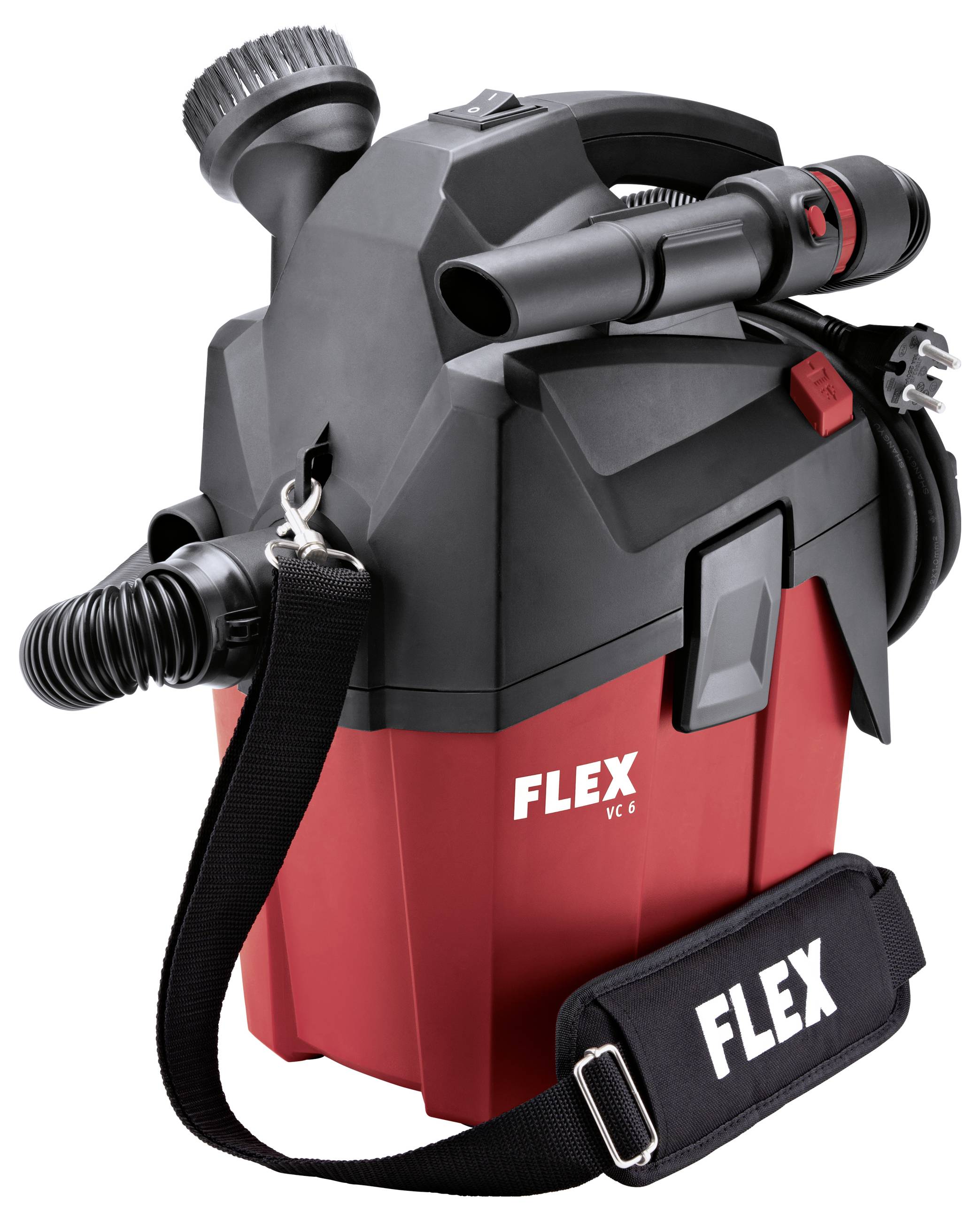 Draagbare FLEX stofzuiger met slang, handvat, netsnoer en schouderband, weergegeven in zwart en rood.