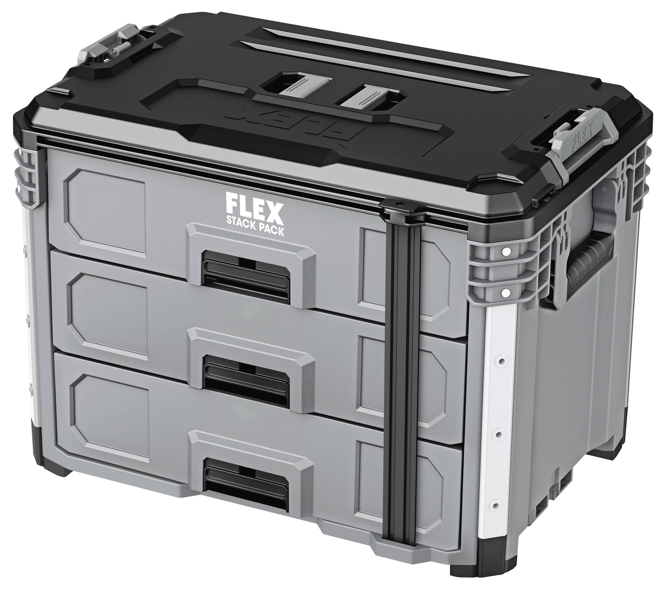 Grijze FLEX Stack Pack gereedschapsopbergdoos met drie laden, zwart deksel en zijdelingse sluitingen, weergegeven op een witte achtergrond.