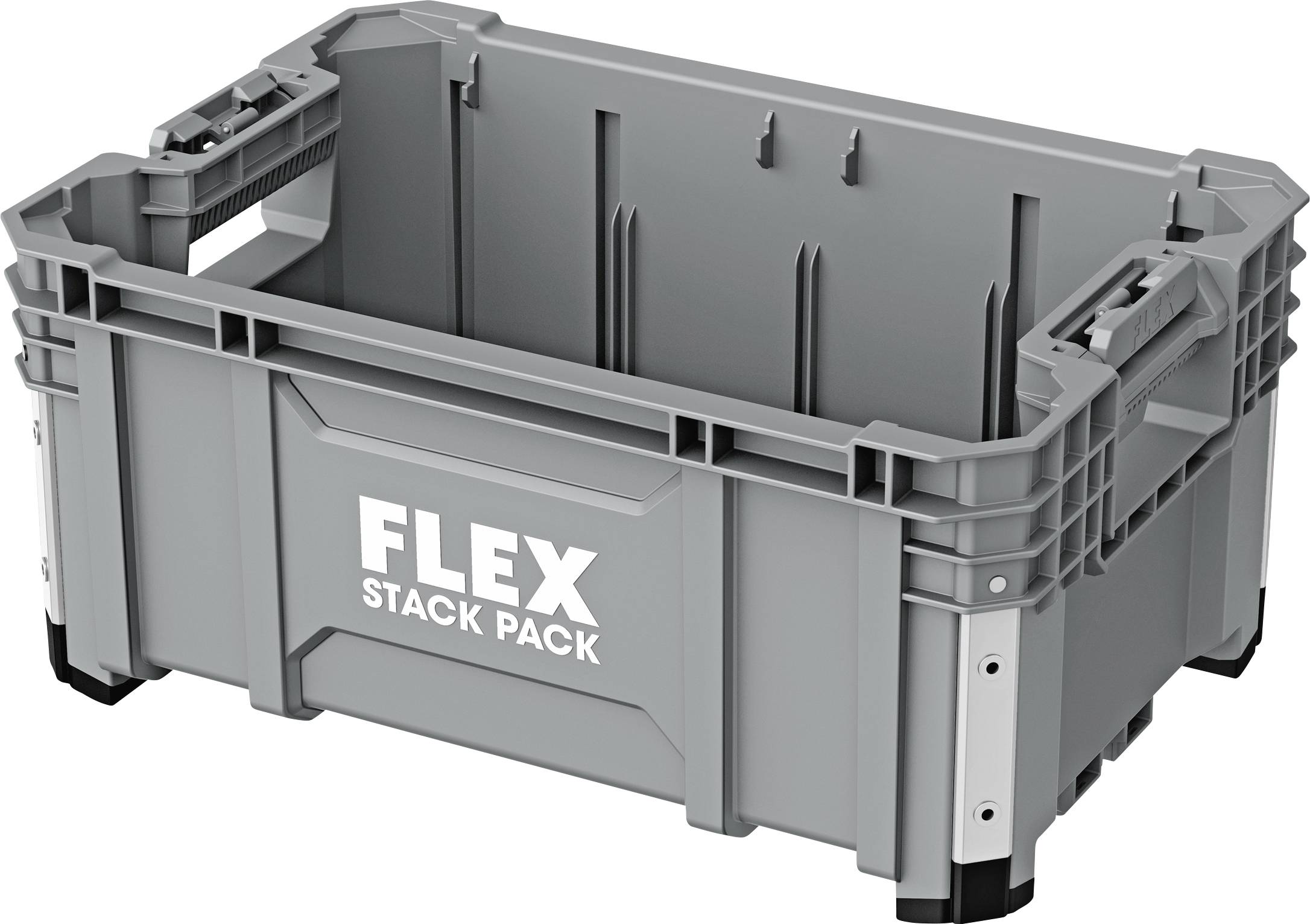 Grijze plastic stapelbare opslagkrat met het label 'FLEX STACK PACK' met open bovenkant en versterkte hoeken