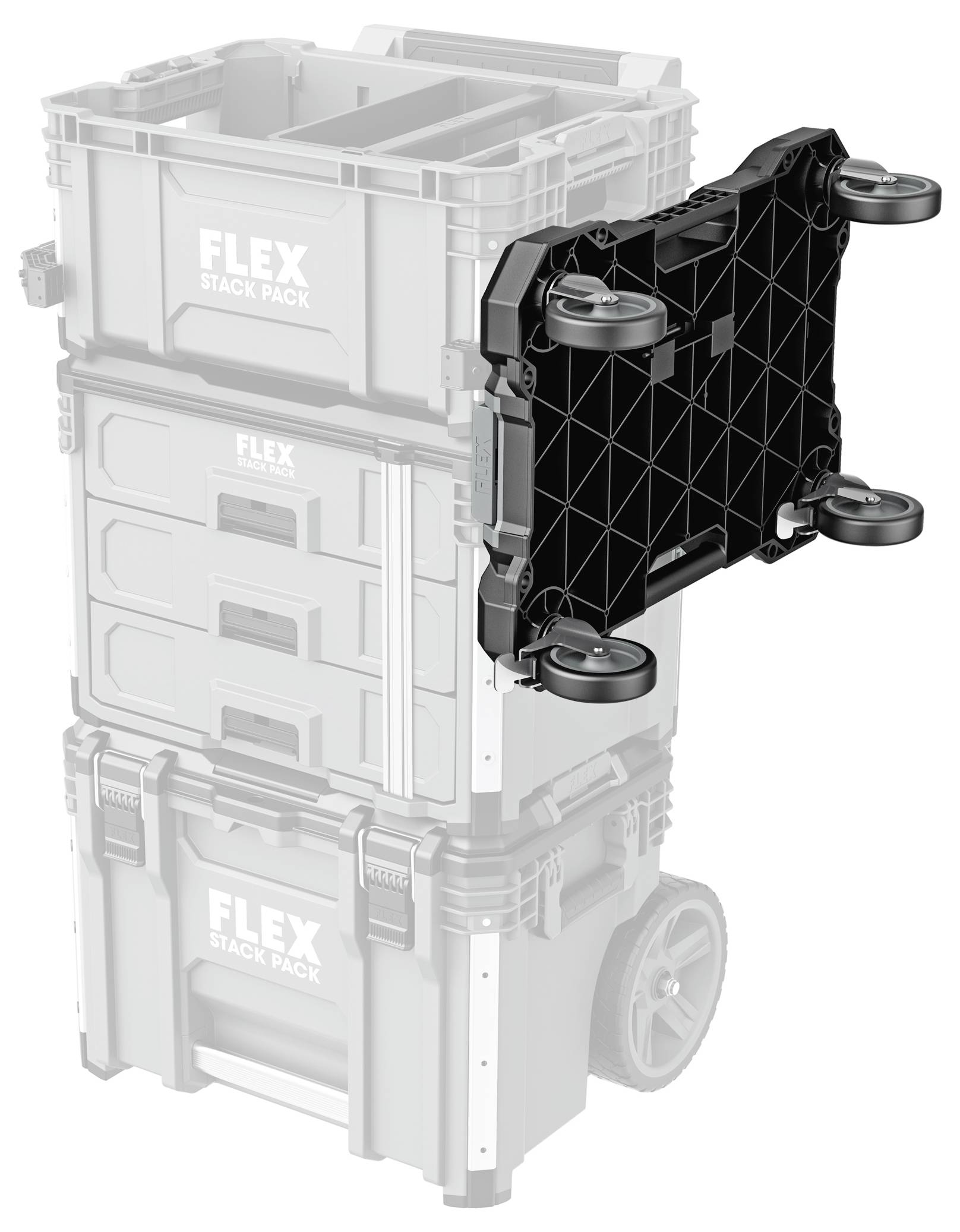 Zwart vierwieltig zijpaneel bevestigd aan een FLEX Stack Pack opslagwagen, met weergave van de modulaire accessoireverbinding van de wagen.