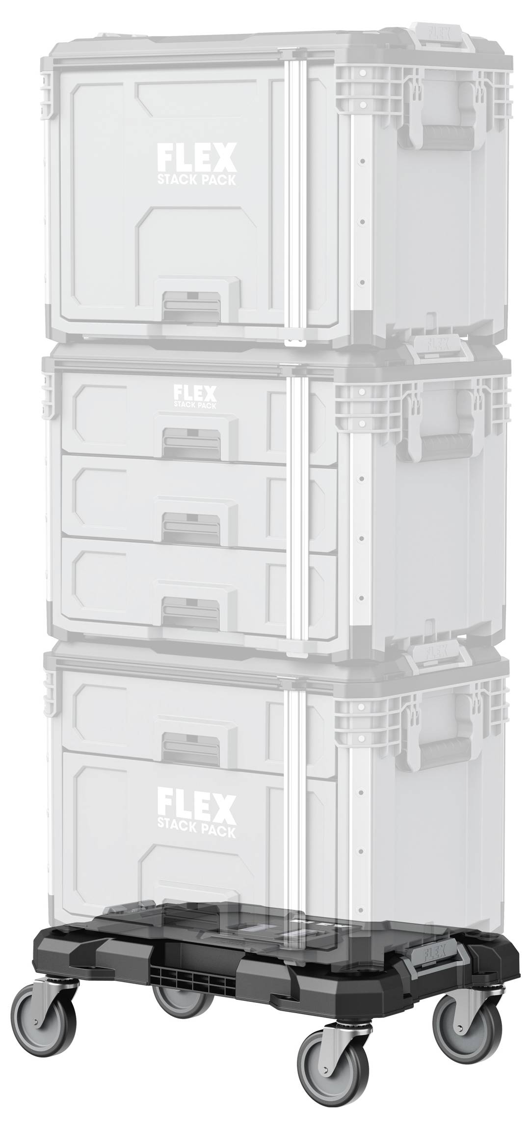 Gestapelde FLEX PACK FNC-opslageenheden op een voertuig met wielen, met een modulair containersysteem voor transport en opslag.
