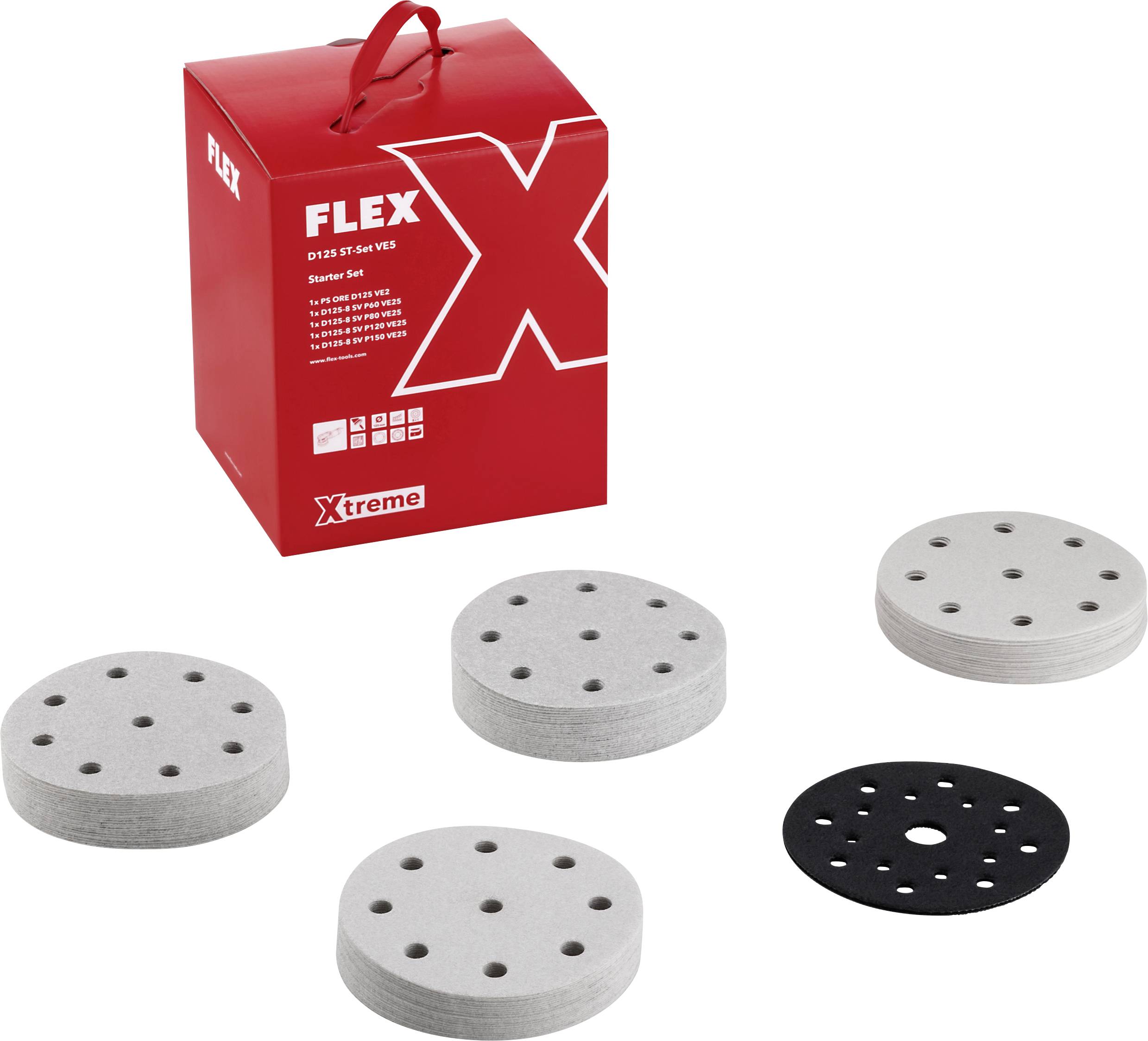 Rode FLEX Xtreme startersset doos met vijf ronde schuurpads in verschillende korrelgrootten, weergegeven op een witte achtergrond.