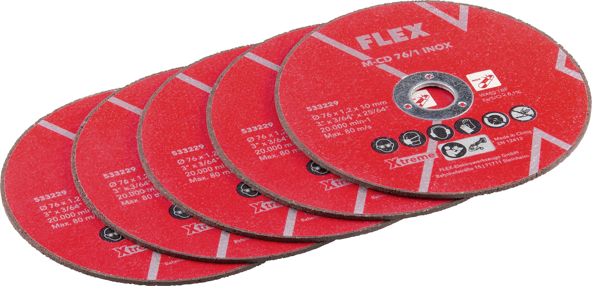 Stapel rode FLEXVITX merkcirkelvormige doorslijpschijven op een witte achtergrond waaierförmig uitgestald.