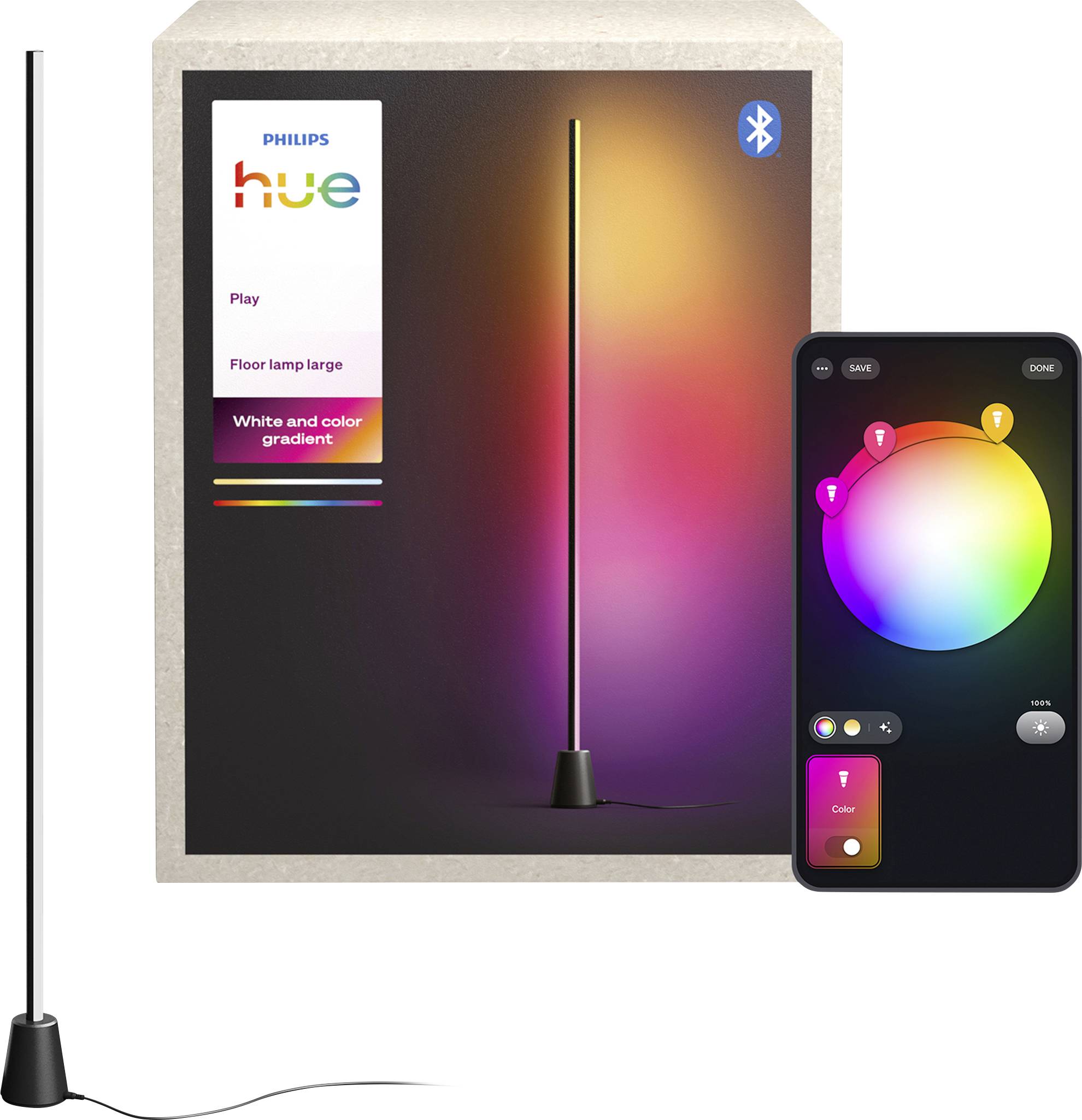 Philips Hue Play vloerlamp display met Bluetooth-app met een kleurenwiel en witte-naar-kleur gradatie verlichtingsbesturingselementen.