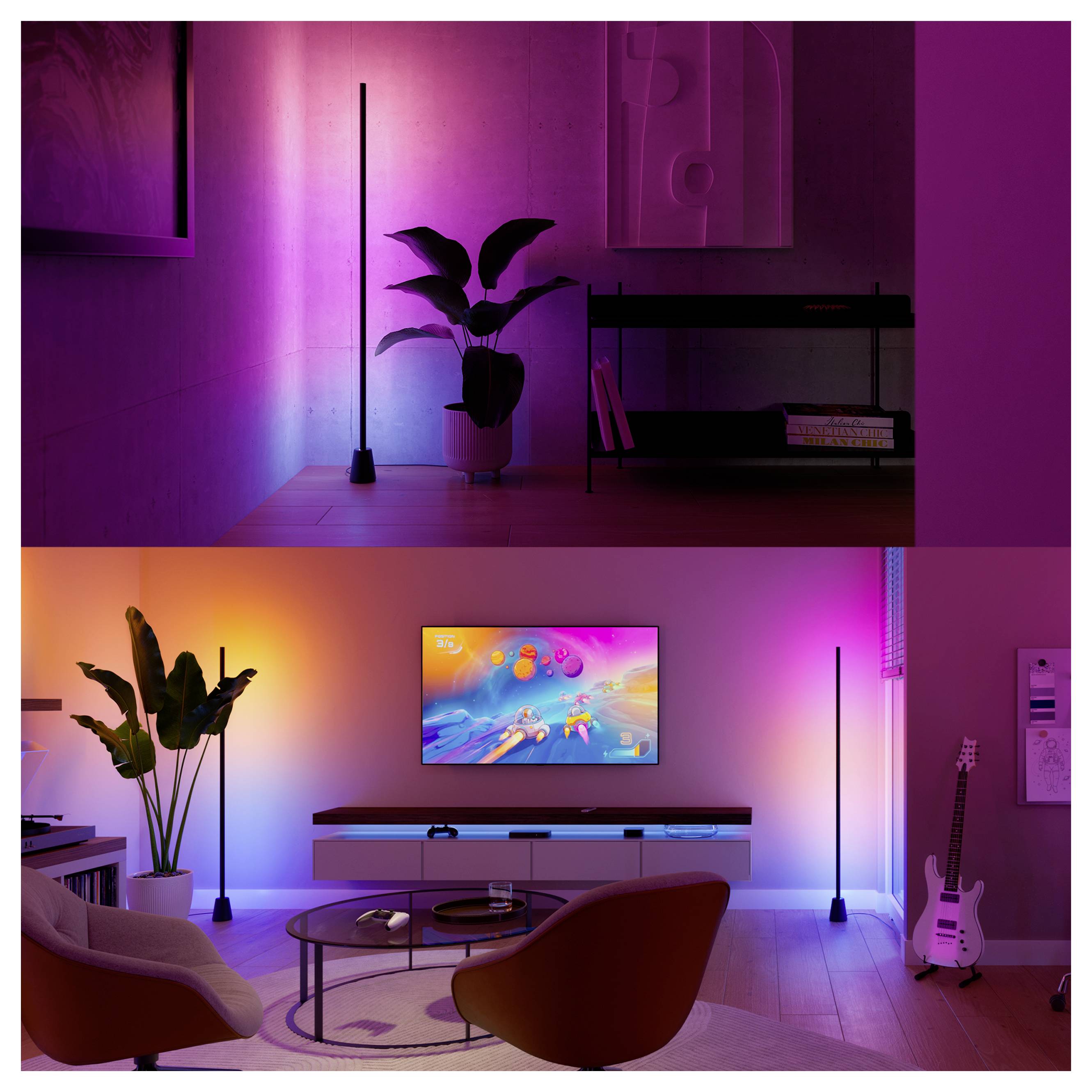 Een minimalistische kamer met roze-paarse stemmingsverlichting, staande lampen, potplanten, een laag tafeltje en een aan de muur gemonteerde televisie die een kleurrijke gamescène weergeeft.