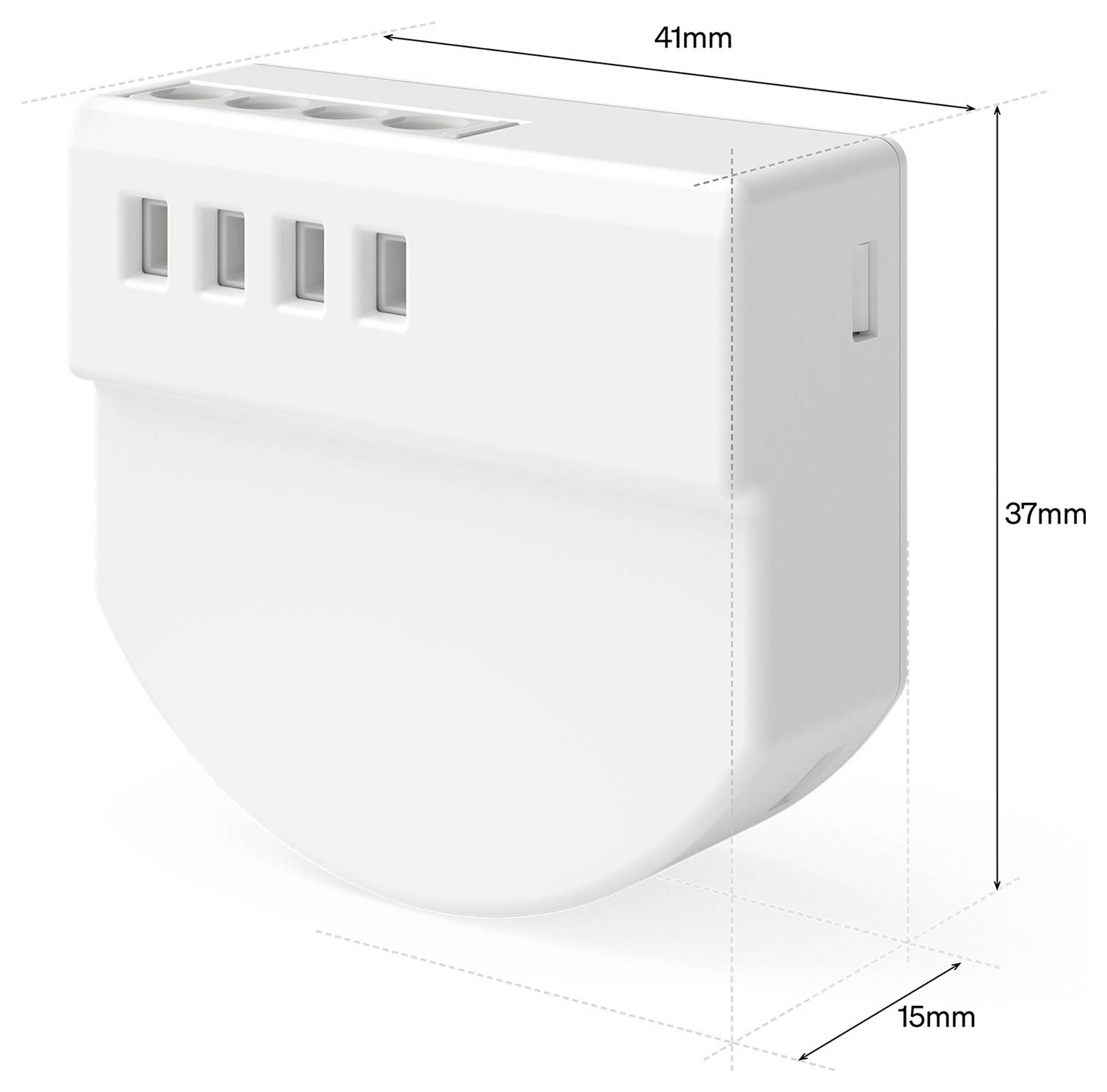 Witte rechthoekige apparaatillustratie met vier vooropeningen en afmetingen gelabeld 41 mm breed, 37 mm hoog en 15 mm diep.