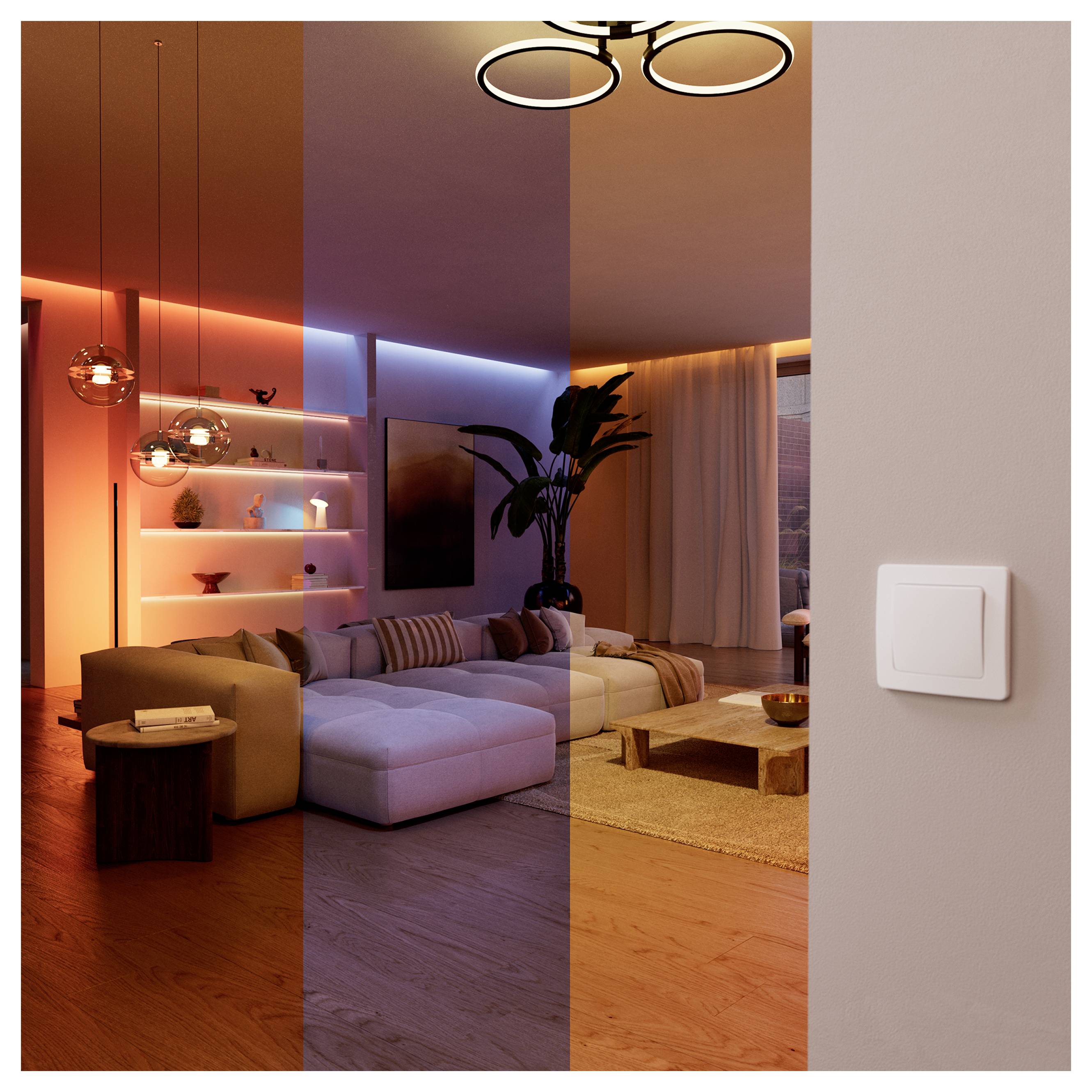 Moderne woonkamer weergegeven met kleurverzadigde verticale secties, met een hoekslaapbank, wandplanken, hangende lampen, salontafel, plant en een lichtschakelaar aan de rechterkant.