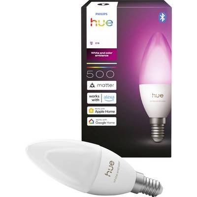 Philips Hue intelligente LED-lamp verpakking met een witte en gekleurde sfeer E14-lamp, 500 lumen, met Matter, Alexa, Apple Home en Google Home compatibiliteit; lamp afgebeeld hieronder.