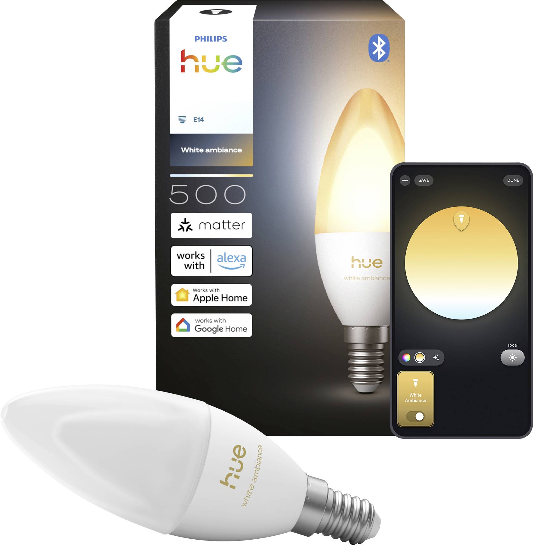 Philips Hue White Ambiance slimme lamp doos met app-gestuurde lamp, Bluetooth, Matter, Alexa, Apple Home en Google Home logo's, plus lamp en telefooon app-weergave.