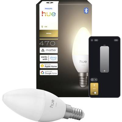Philips Hue White E14 slimme lamp verpakking met een lamp, Bluetooth-logo en app-besturingsscherm met instellingen voor helderheid en wit licht.