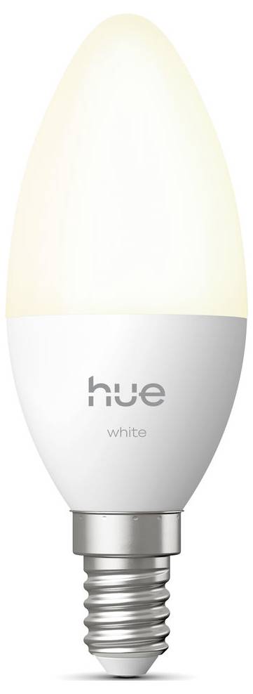 Foto van een witte HUE-gloeilamp met het label 'wit' op een eenvoudige achtergrond.
