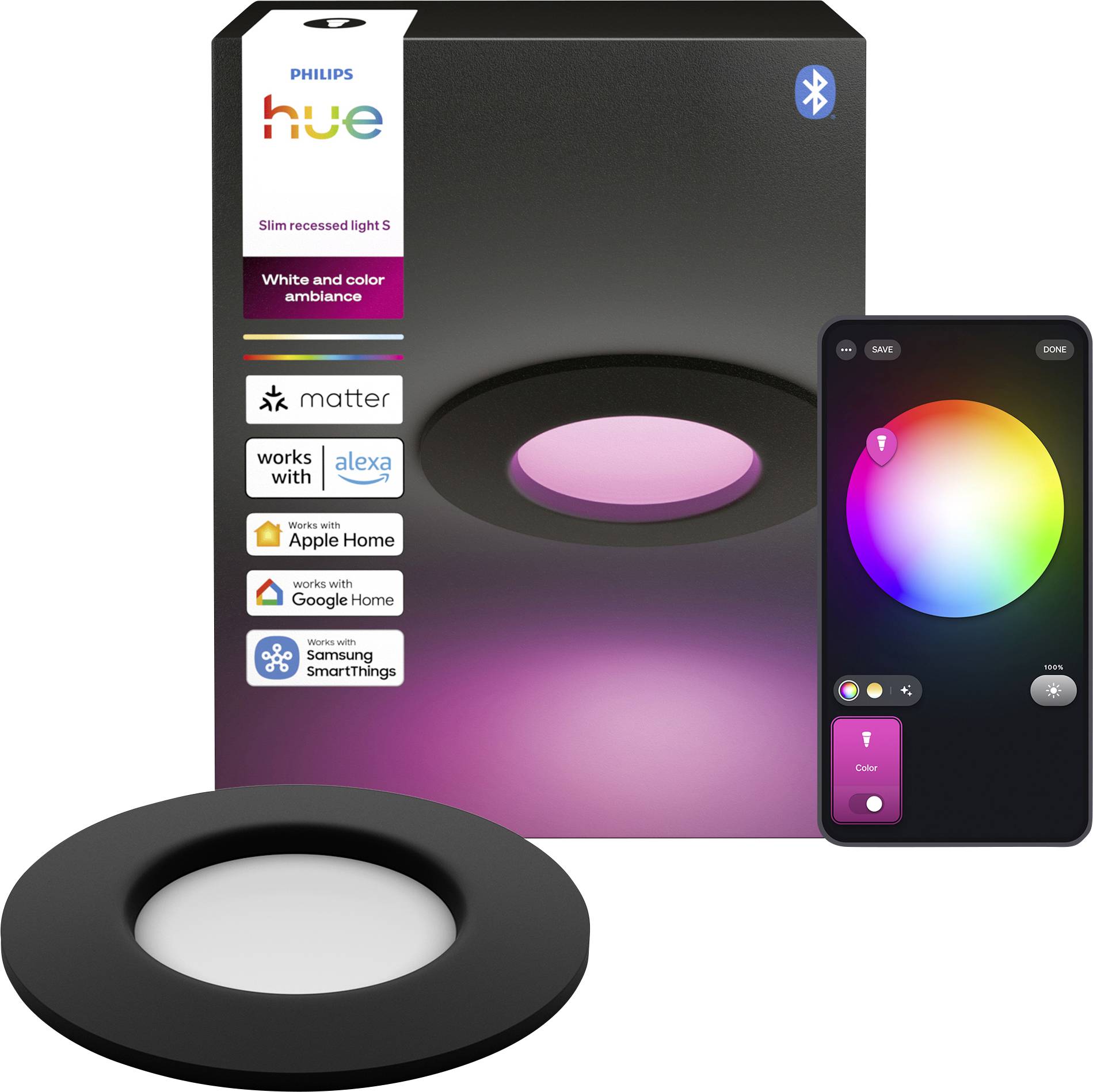 Philips Hue Slim Recessed Light S verpakking met zwarte ingebouwde plafondlamp, Bluetooth-icoon, slimhuislogo's en app met kleurwielbediening.