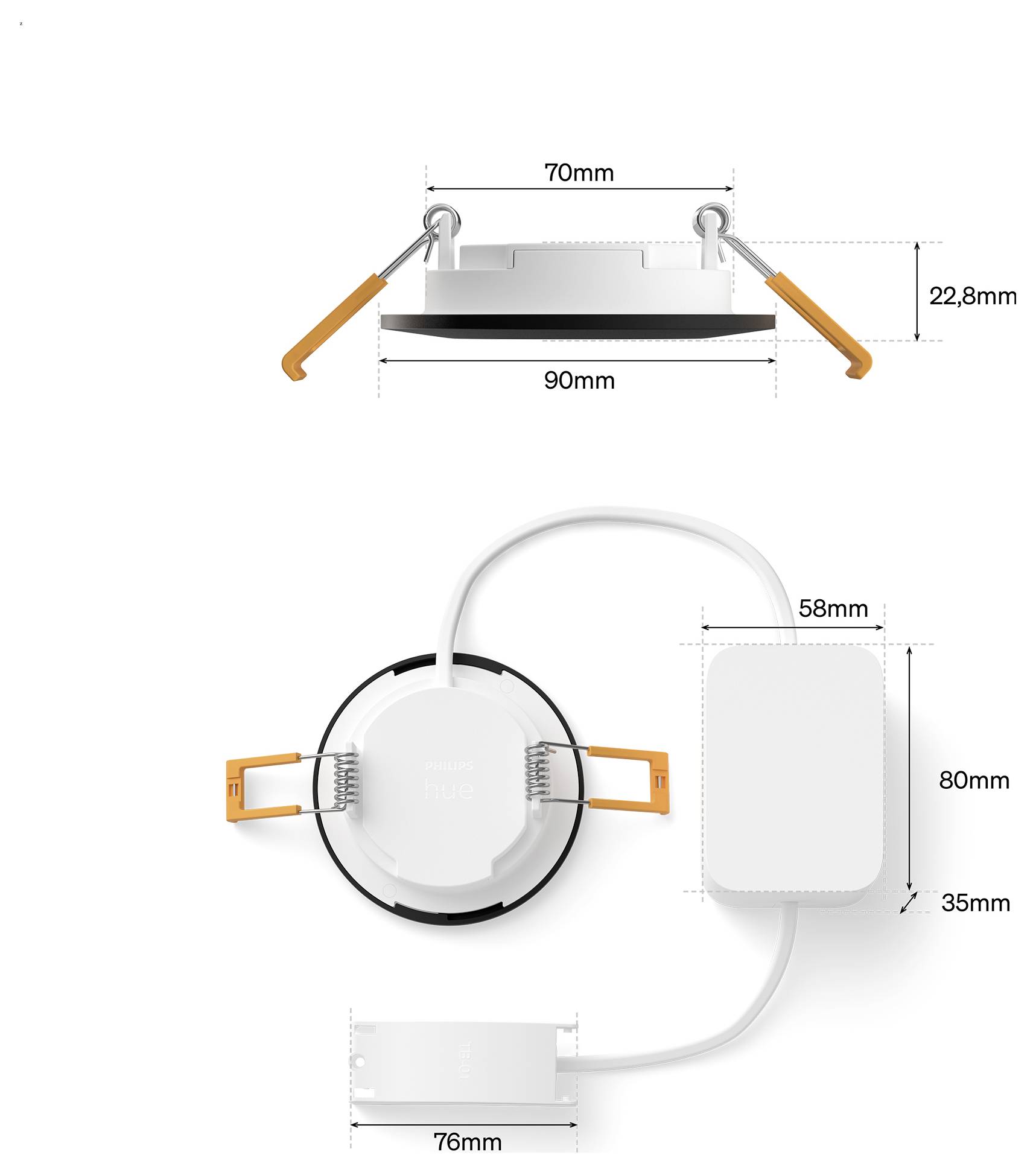 Dimensionerad diagram av en rund inbyggd lampa med orange fjäderklämor och bifogad drivrutinsbox, som visar översikte och sidovy med mätningar i mm.