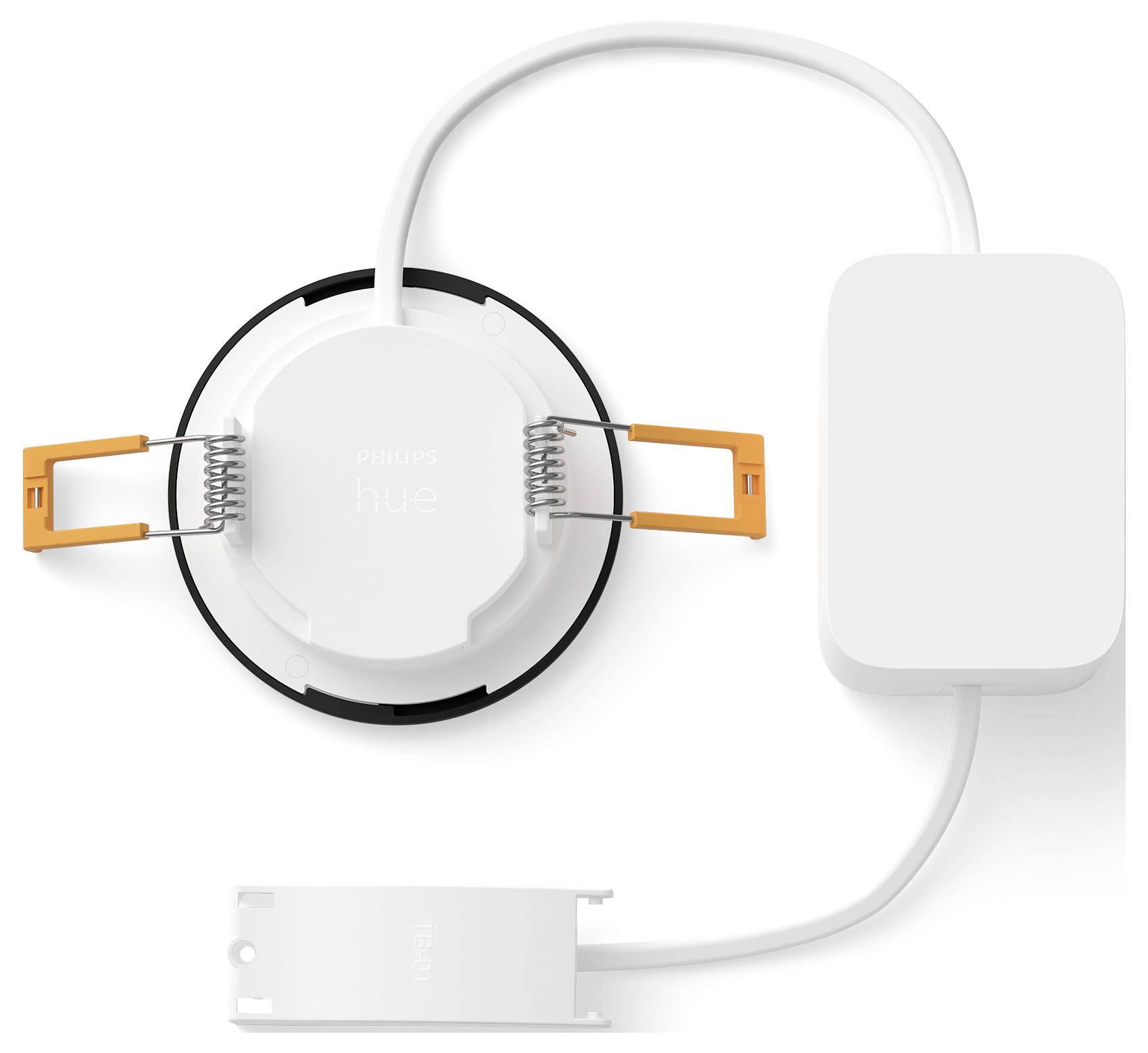 Ronde Philips Hue slimme inbouwspot met oranje veerclips, verbonden via een witte kabel met een voeding.