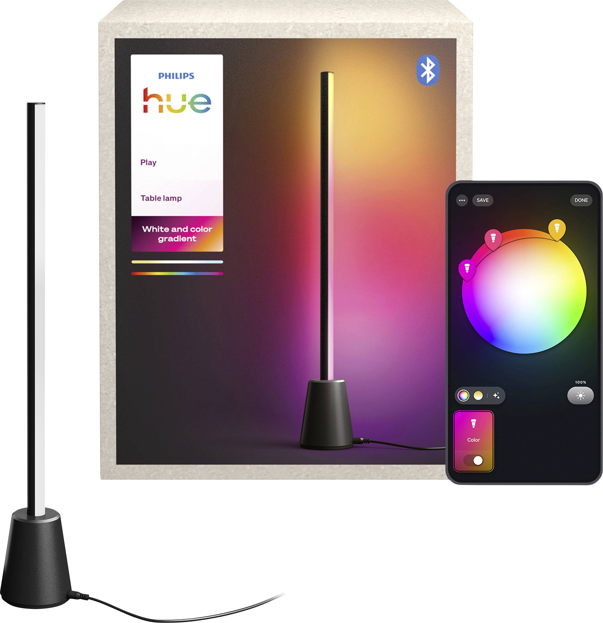 Philips Hue Play Tafellampe met kleur- en verloopverlichting, weergegeven met Bluetooth-app kleurinstellingsscherm op een telefoon.