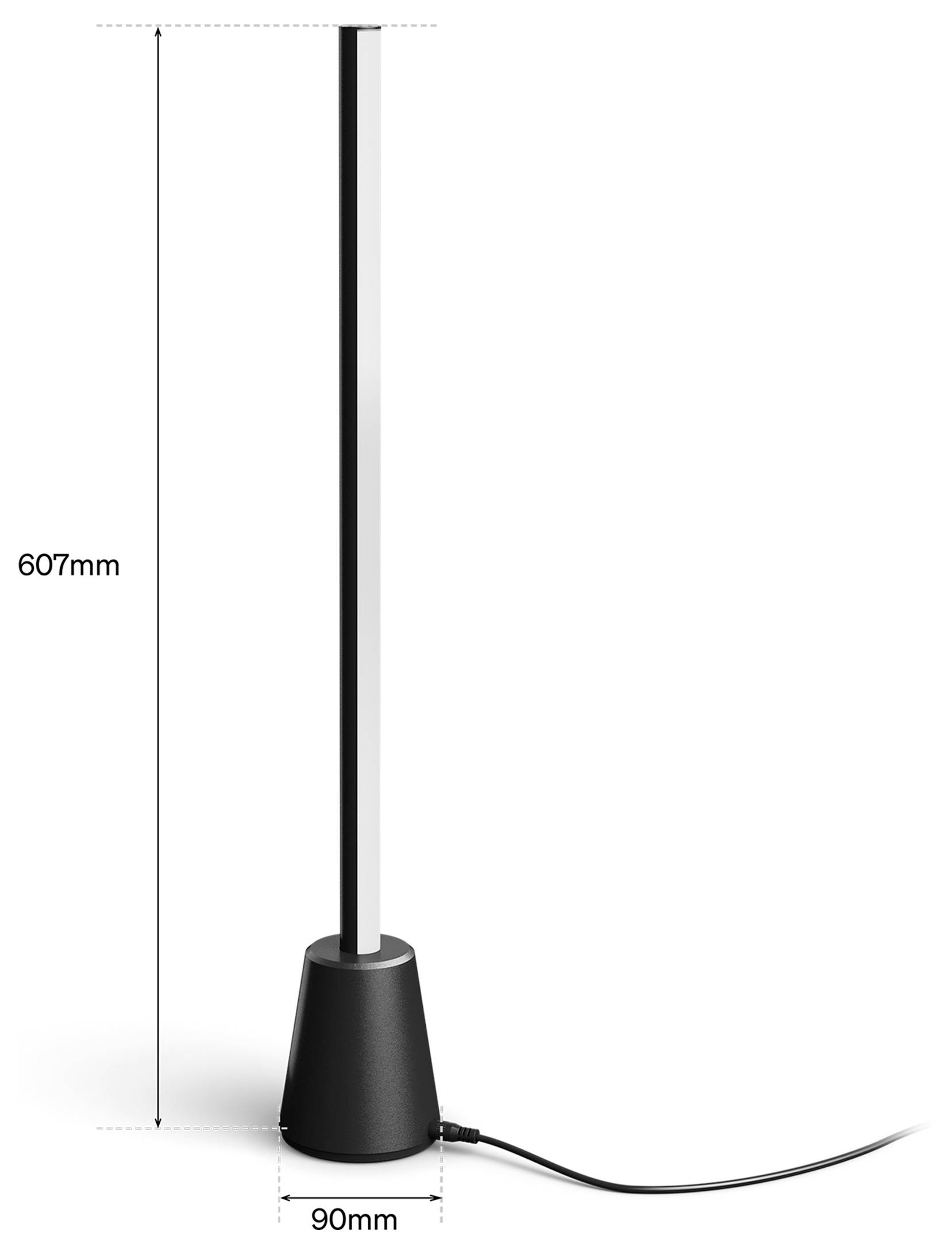 Zwarte cilindervormige staande lamp weergegeven met afmetingen: 607 mm hoog en 90 mm breedte van de voet, met stroomkabel die naar rechts uitsteekt.