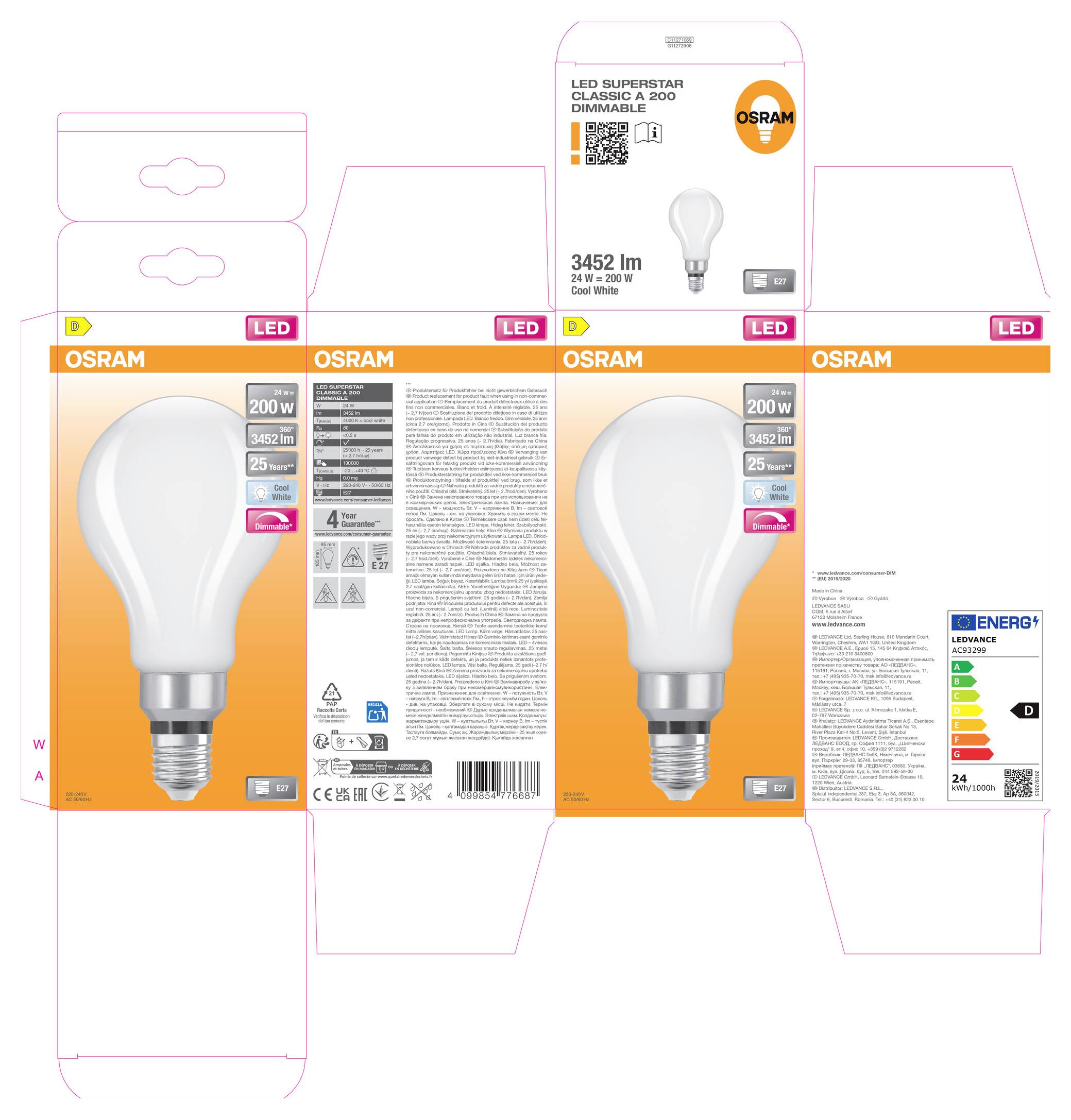 OSRAM LED-lamp verpakking dieline met voorkant, achterkant en zijpanelen voor een dimbare 200W-equivalent lamp, 3452 lm, koel wit.