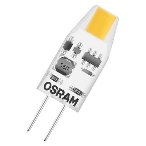 OSRAM LED-capsule lamp met twee pinnen en amberkleuring bovenkant op witte achtergrond.