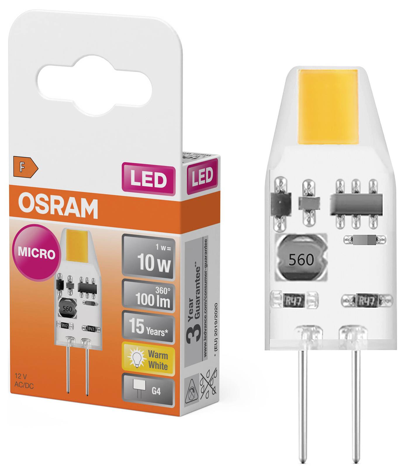 OSRAM G4 micro-LED-lamp en verpakking, gelabeld 10W, 100 lm, warm wit, 360°, en 15 jaar.