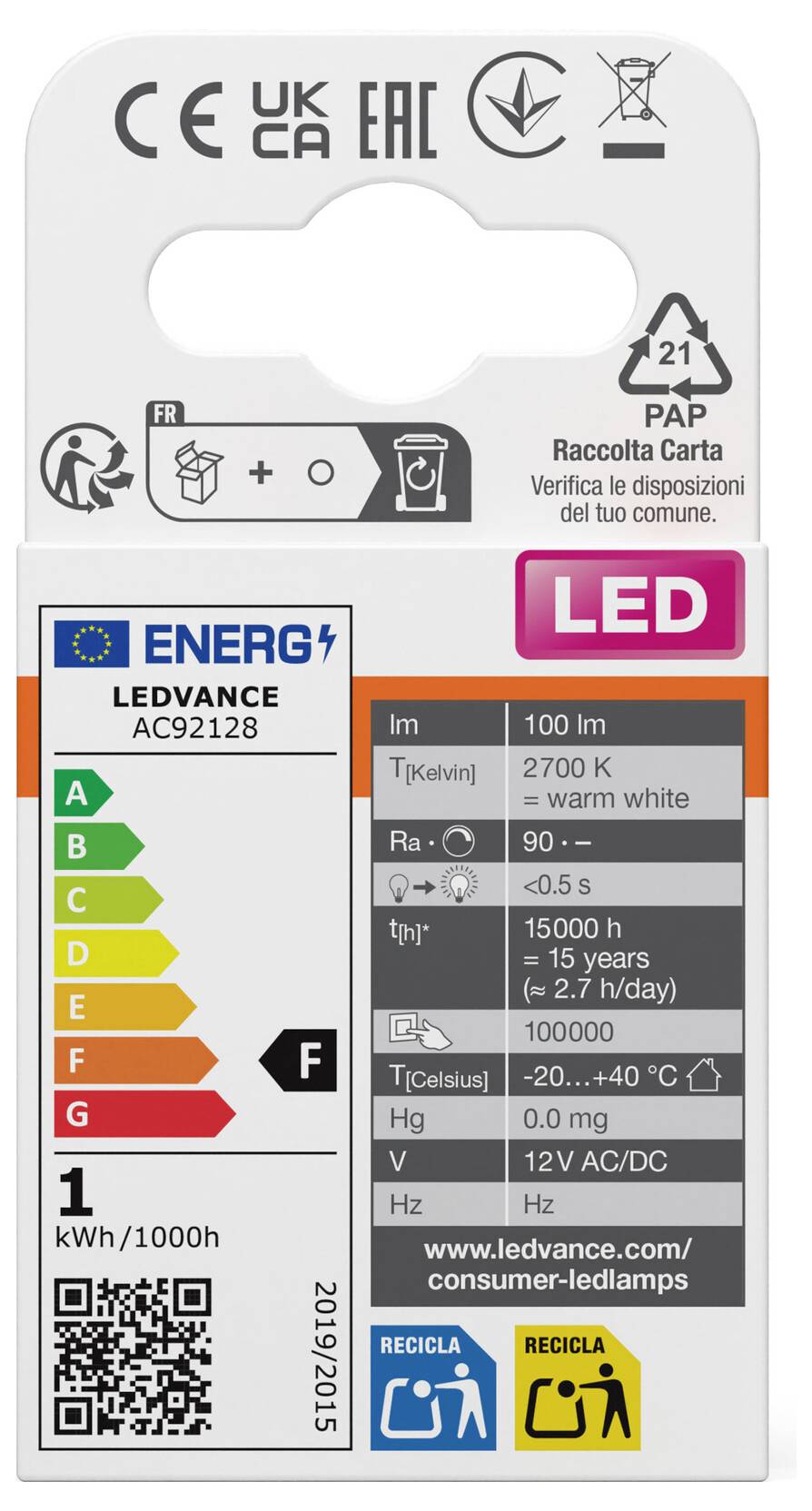 LEDVANCE AC2128 lamp verpakkingsetiket met energieklasse F, 1 kWh/1000u, 2700 K warm wit, 100 lm, 12V AC/DC, en recyclingssymbolen.