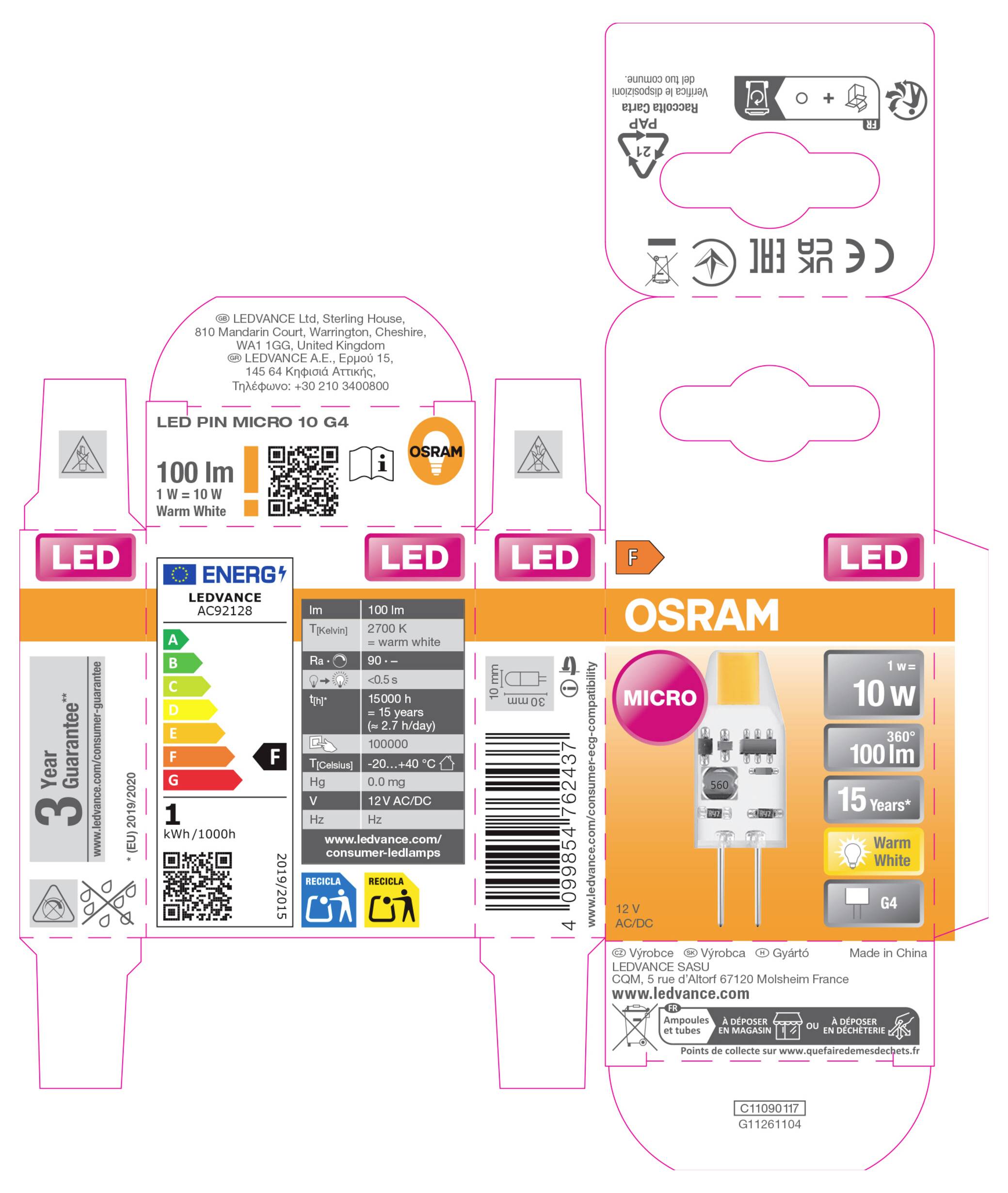 Verpakkingsuitslag voor OSRAM LED-microgloeilamp, met uitgeklapte kartondelen met productdetails: 10 W, 100 lm, warm wit, G4-voet, en energielabels.