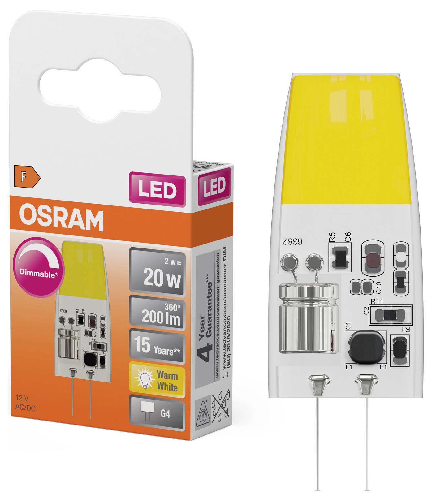 OSRAM dimbare LED-gloeilamp met verpakking en gloeilamp getoond, gelabeld 20W, 360°, 200 lm, warm wit, G4, 12V AC/DC.