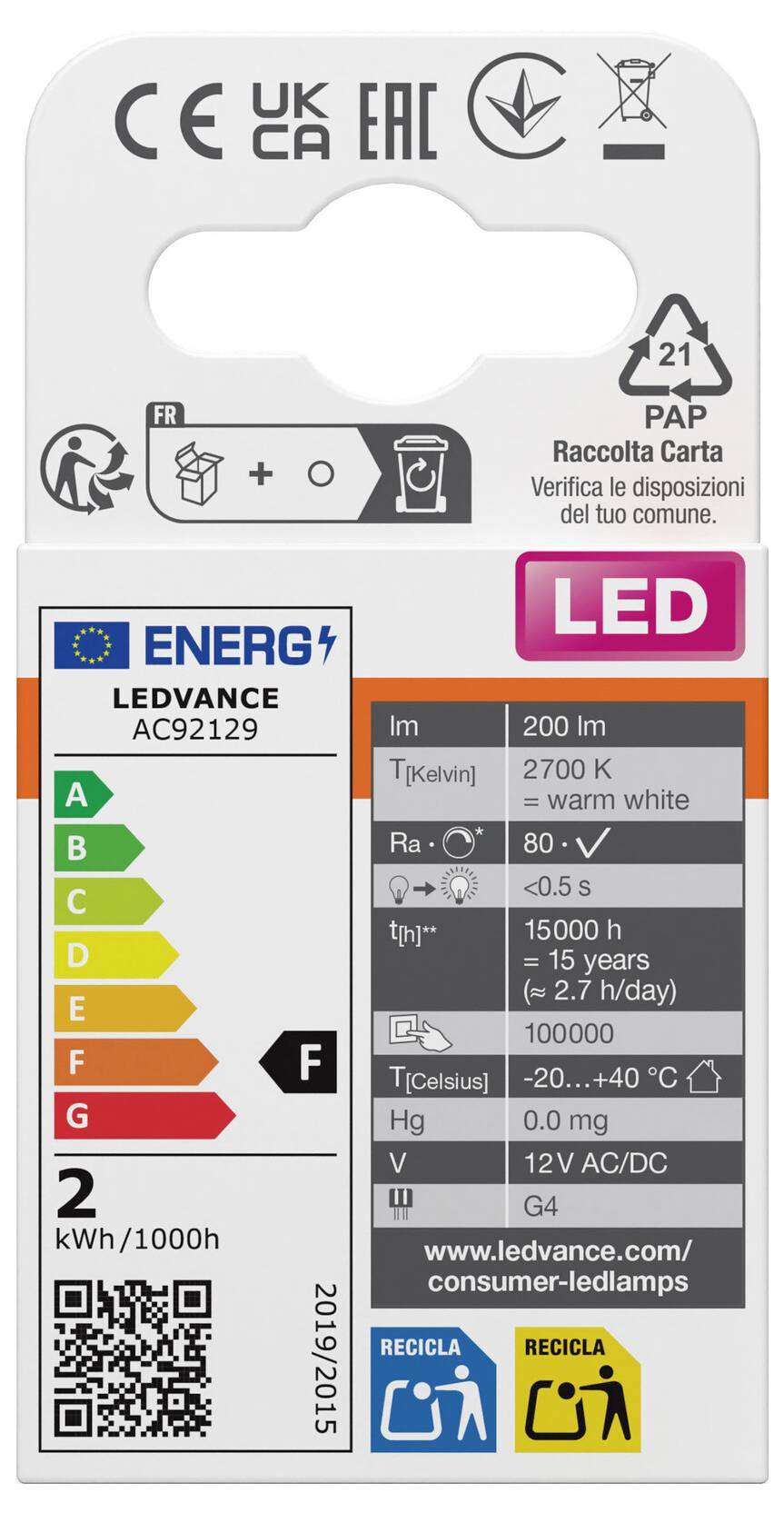 LEDVANCE verlichtingsproductlabel met energieklasse F, 2 kWh/1000h, 2700 K warm wit, 80 lm/W, 12V AC/DC, G4, met recyclings- en afvalverwerkingssymbolen.