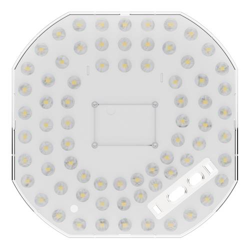 Bovenaanzicht van een rond LED-lichtkastje met veel kleine LED's en een centrale montageplaatje, plus een witte besturingsmodule rechtsonder.