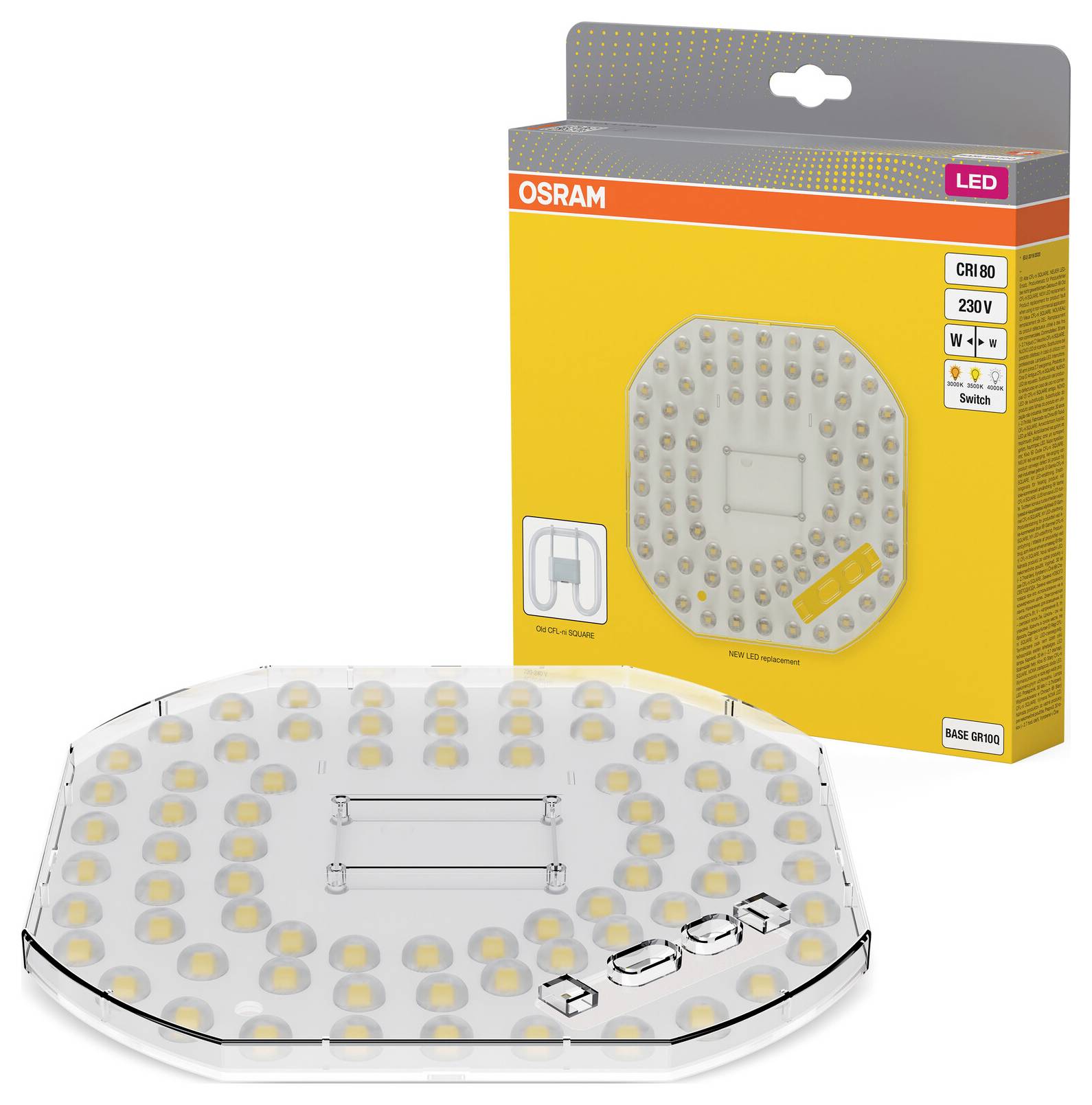 OSRAM LED plafondlichtpaneel weergegeven met zijn verpakkingsdoos, voorzien van een rond wit armatuur bedekt met veel kleine LED's.