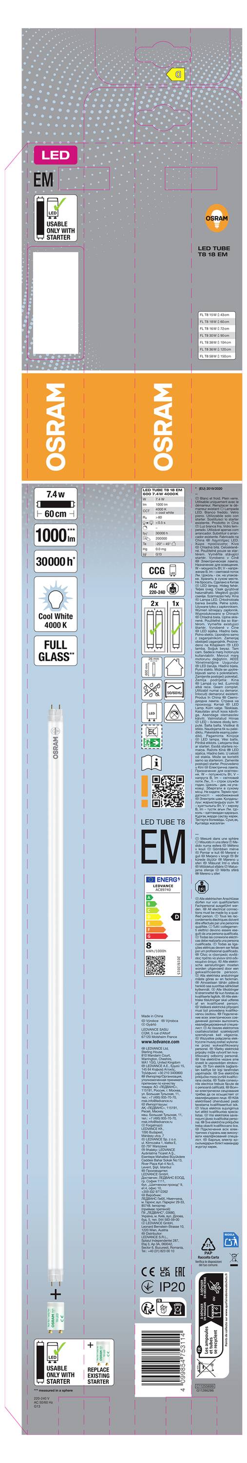 OSRAM LED EM productuitvoering voor een compact fluorescentielamp ter vervanging, met productdetails, specificaties en energielabel op een hoge doos.