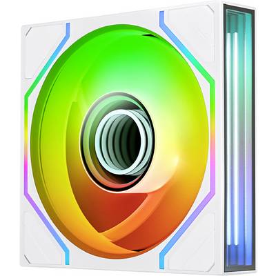 Een kleurrijke cirkelvormige cameralens of optische scanner gecentreerd in een wit apparaat, met een gloeiende regenbooggradiënt en een verticale blauwe lichtstrip aan de rechterkant.