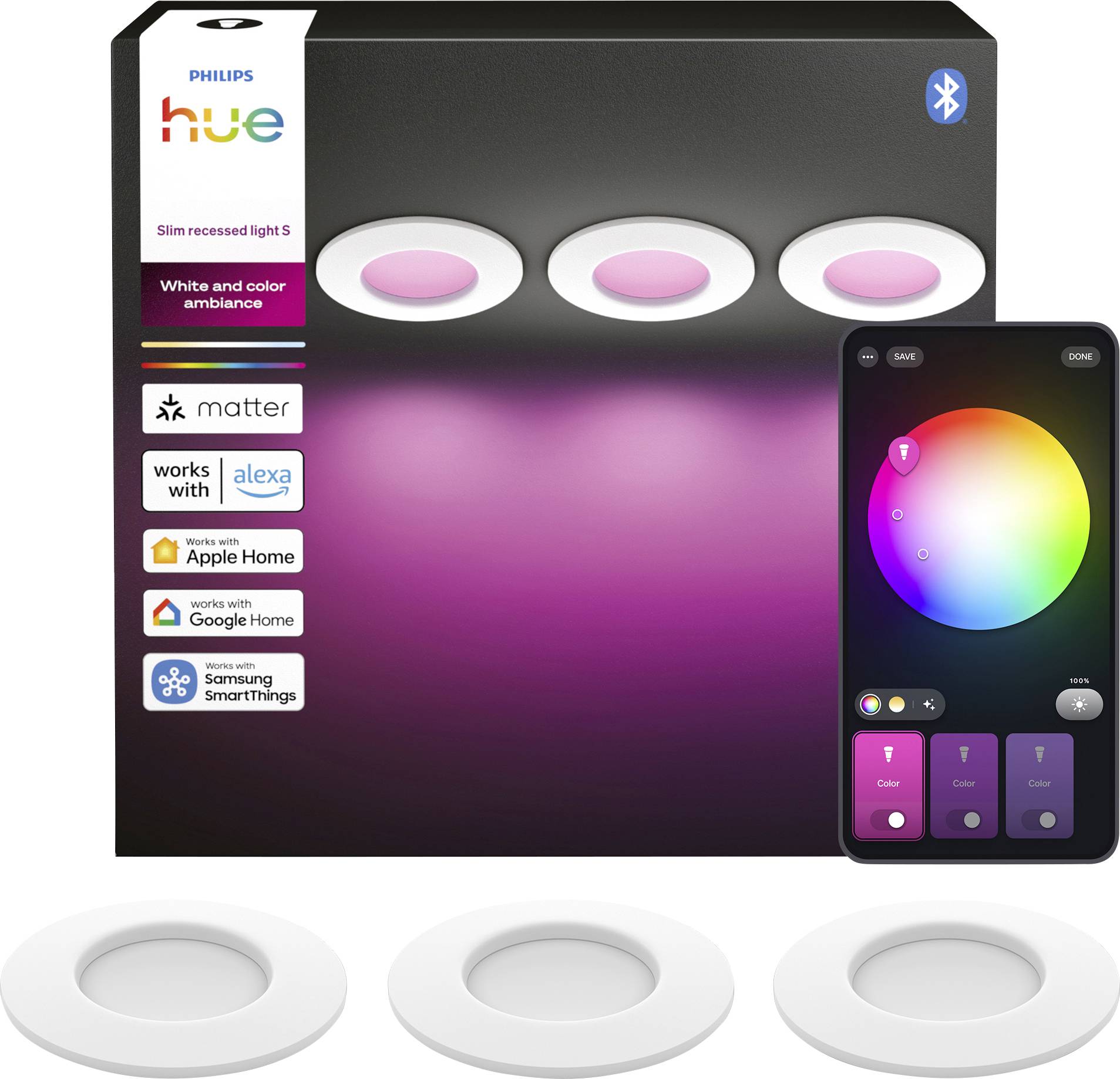 Philips Hue dunne inbouwlampen set met drie witte en gekleurde sfeerverlichting downlights, Bluetooth, Matter en app-kleurenregeling.
