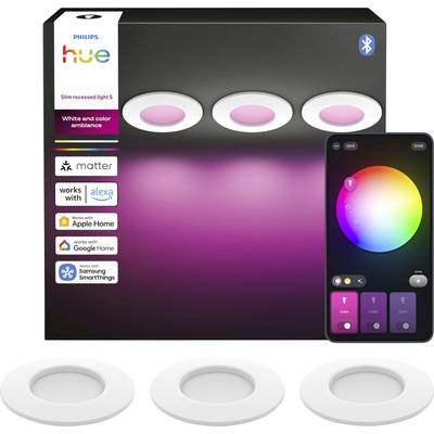 Philips Hue dunne inbouwlampen set met drie witte en gekleurde sfeerverlichting downlights, Bluetooth, Matter en app-kleurenregeling.