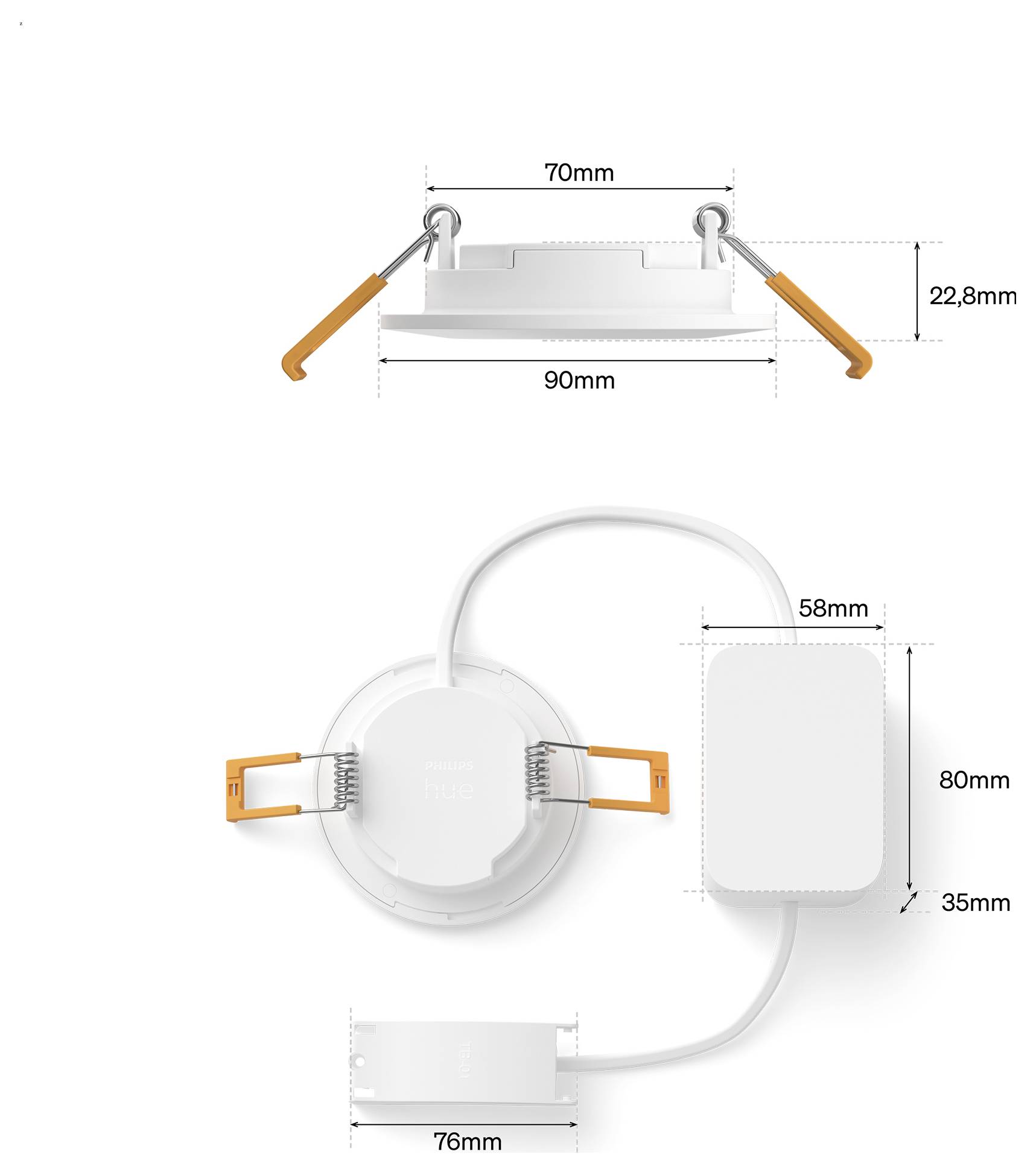 Diagram met afmetingen van een rond inbouwbaar LED-licht met driver: armatuur 90mm breed en 22,8mm hoog, uitsnijding/onderdeelgroottes 70mm, 58mm, 80mm, 35mm en 76mm.