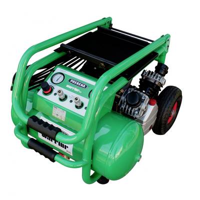 Draagbare groene luchtcompressor met tank, draagframe, manometers, bedieningselementen en motor op wielen