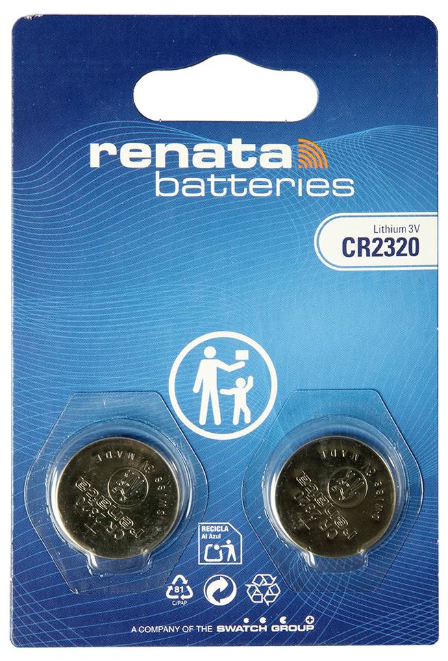 Pakket Renata-batterijen, lithium 3V CR2320, afgebeeld als twee knoopcelbatterijen in blauwe blisterenverpakking.