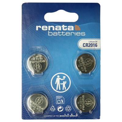 Renata-batterijen blister pack met vier CR2016 3V lithium-munten cellen, productlabel en recyclingssymbolen op blauw verpakkingsmateriaal.