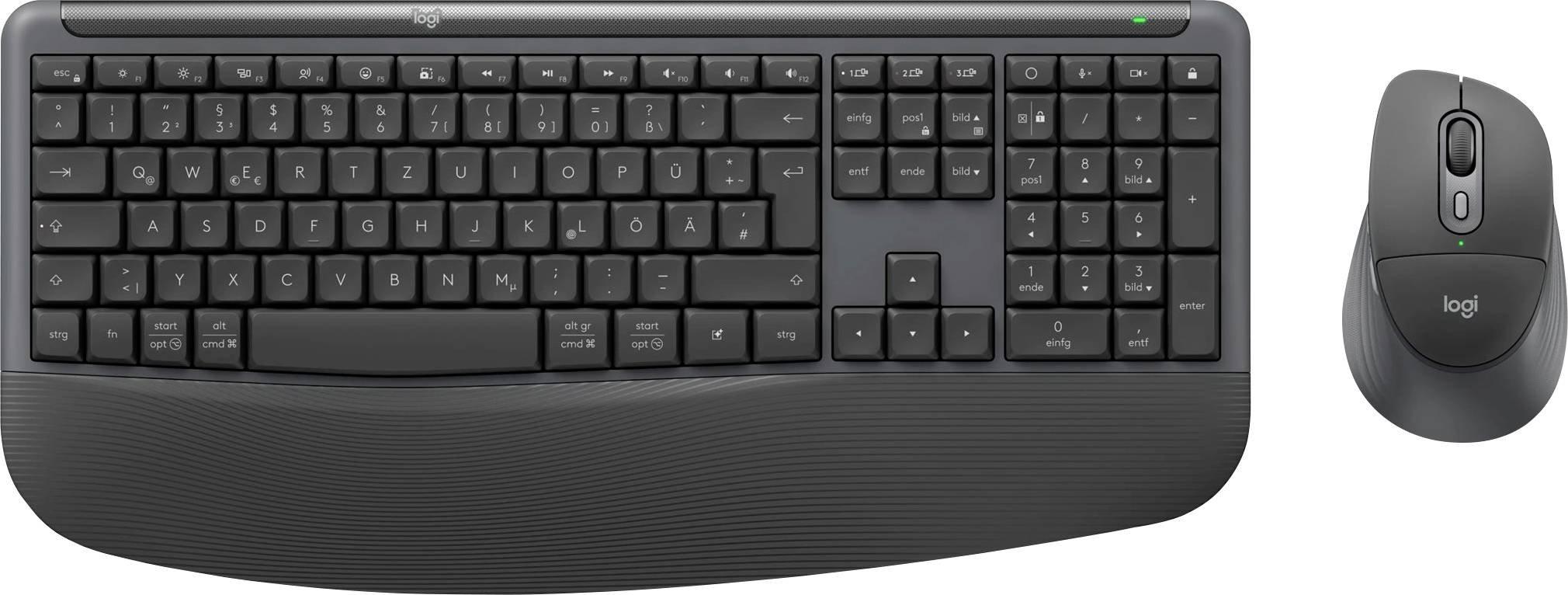 Draadloos Logitech-toetsenbord met geïntegreerde polssteun en bijpassende muis, afgebeeld op een witte achtergrond.