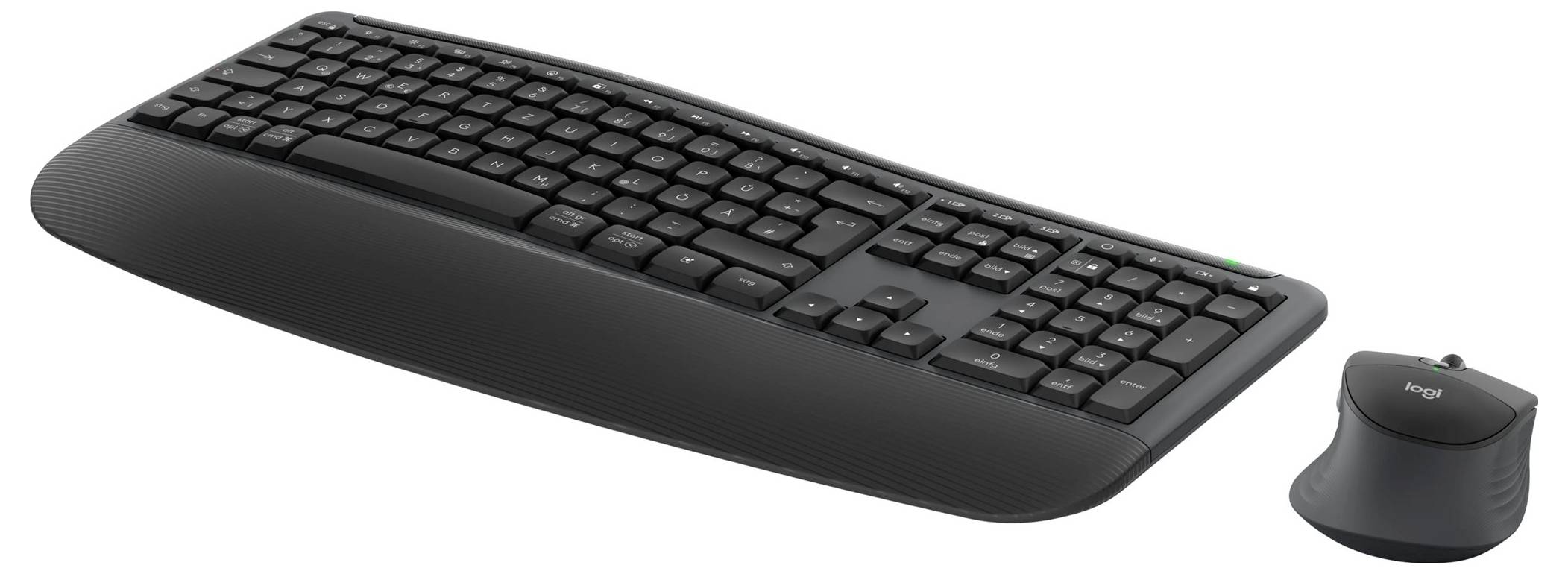 Zwart ergonomisch draadloos toetsenbord met aparte muis, weergegeven op een effen witte achtergrond.