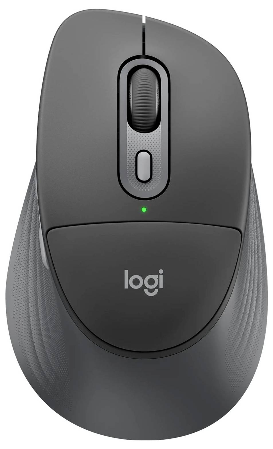 Vooraanzicht van een grijze Logitech draadloze computermuis met scrollwiel, knop en groen statuslampje.