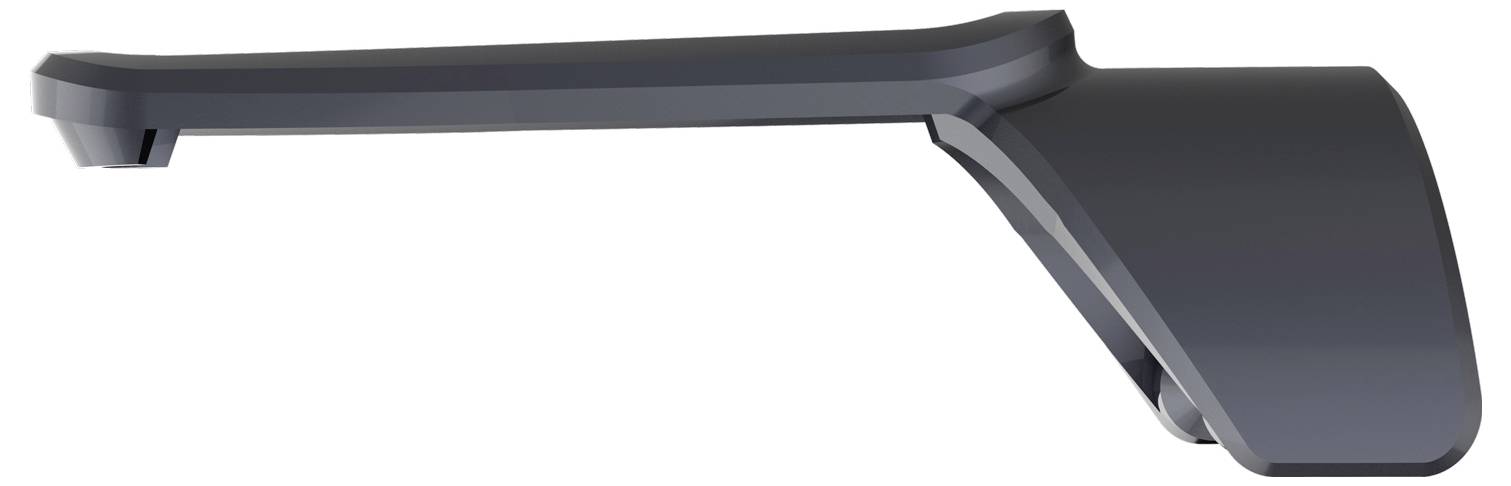 Zijweergave van een donkergrijze ergonomische computermuis, met het lage profiel en de handpalmssteun aan de rechterkant.