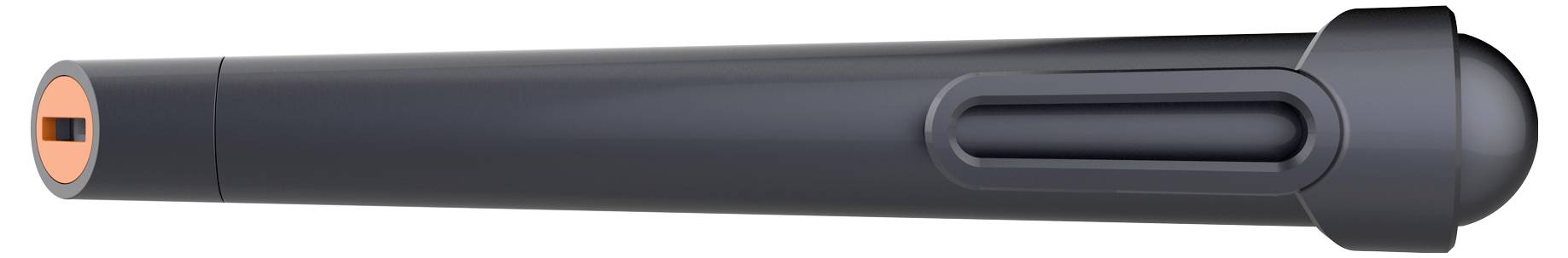 Zwarte stylus pen met een afgeronde dop en oranje accent op de punt en het uiteinde, afgebeeld op een witte achtergrond.