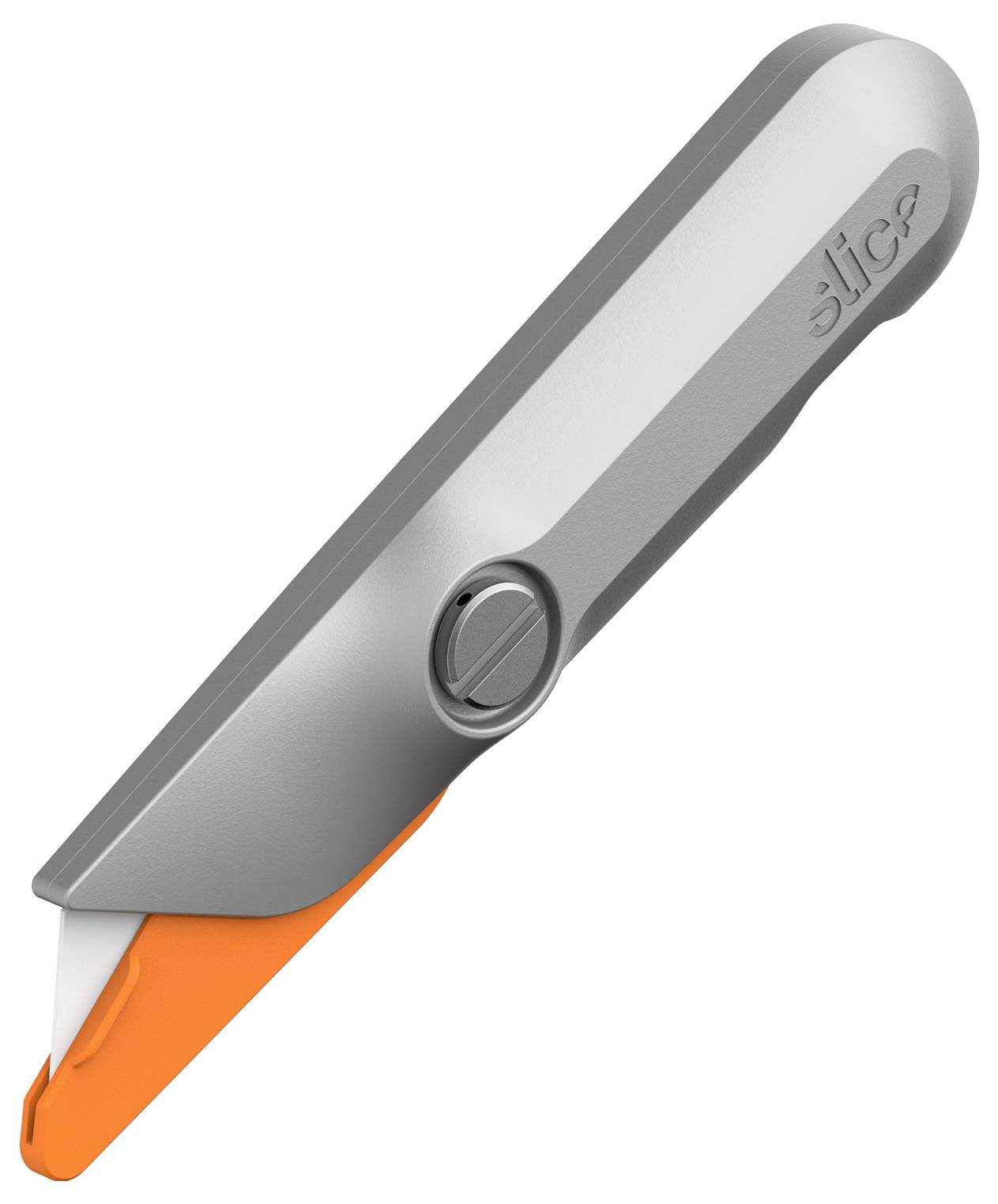 Een grijs-en-oranje utiliteitsmesje met een uittrekbaar lemmet, diagonaal weergegeven op een effen witte achtergrond.