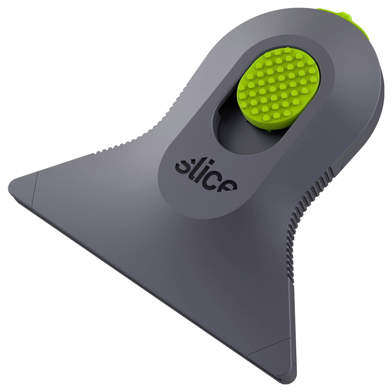 Grijze siliconen schuiver of krasser met een groen gestructureerde grip, getoond op een witte achtergrond.