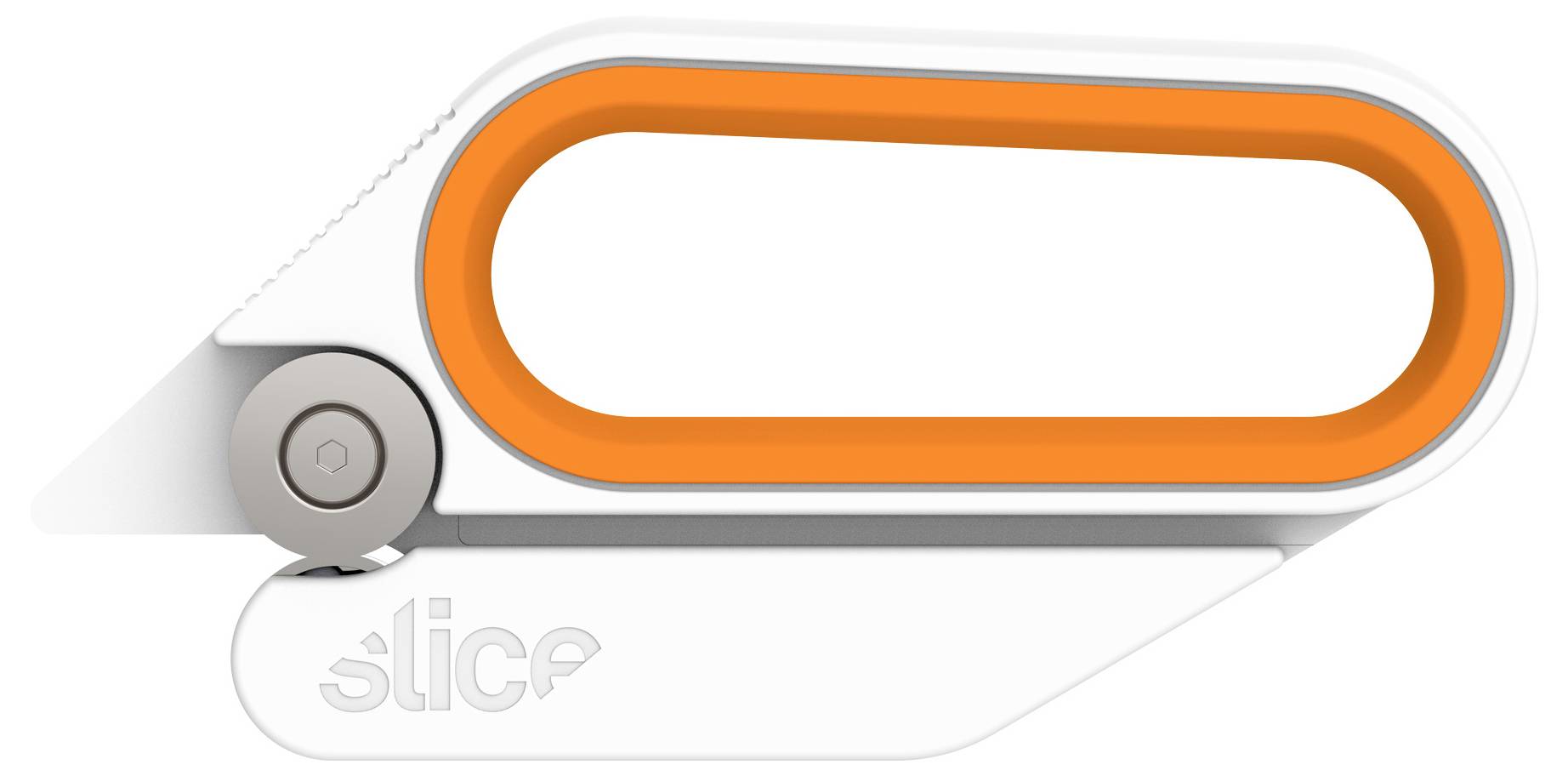 Wit en oranje toggle-stijl schakelaar pictogram met een cirkelvormige schuif aan de linkerkant, onderaan gelabeld 'slice'.