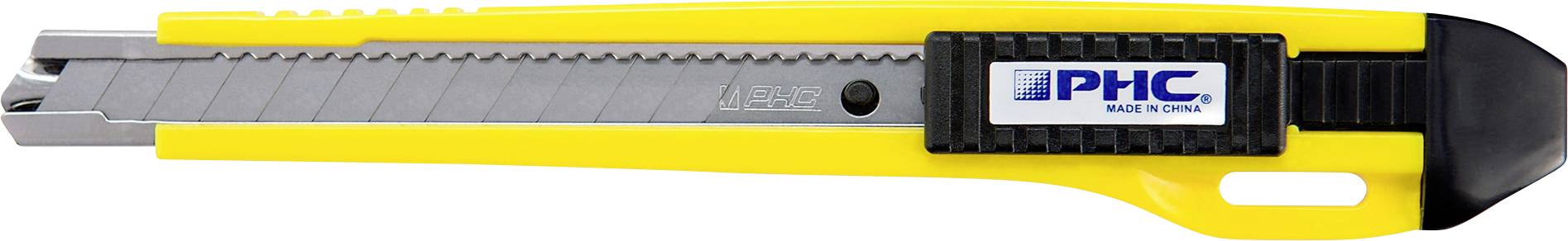 Geel gereedschapmes met uitschuifbaar zilveren blad en zwart handvat, gelabeld PHC, weergegeven op witte achtergrond.
