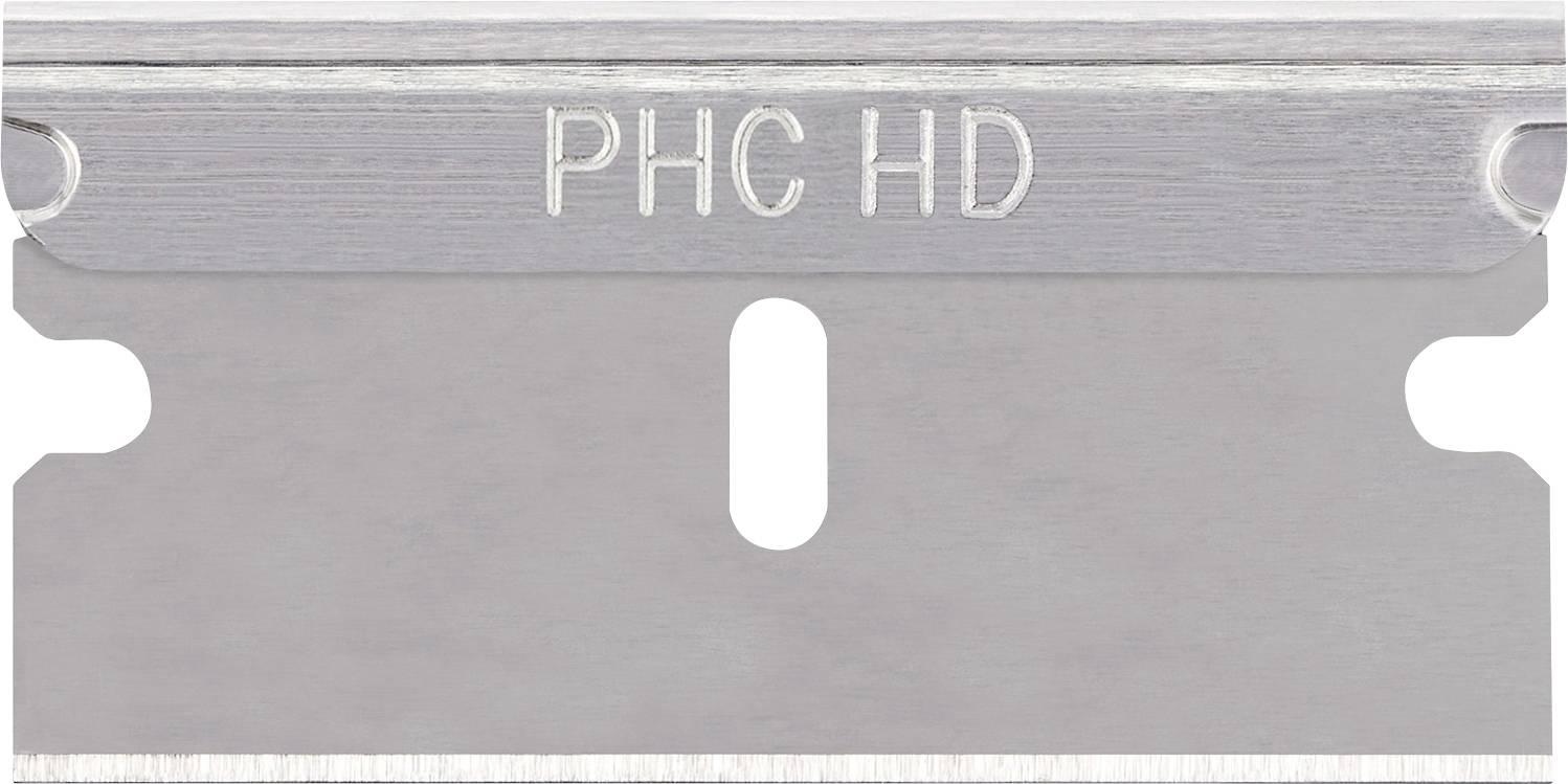 Primeur van een metalen scheermesje gegraveerd met 'PHC HD' en een centrale sleuf.